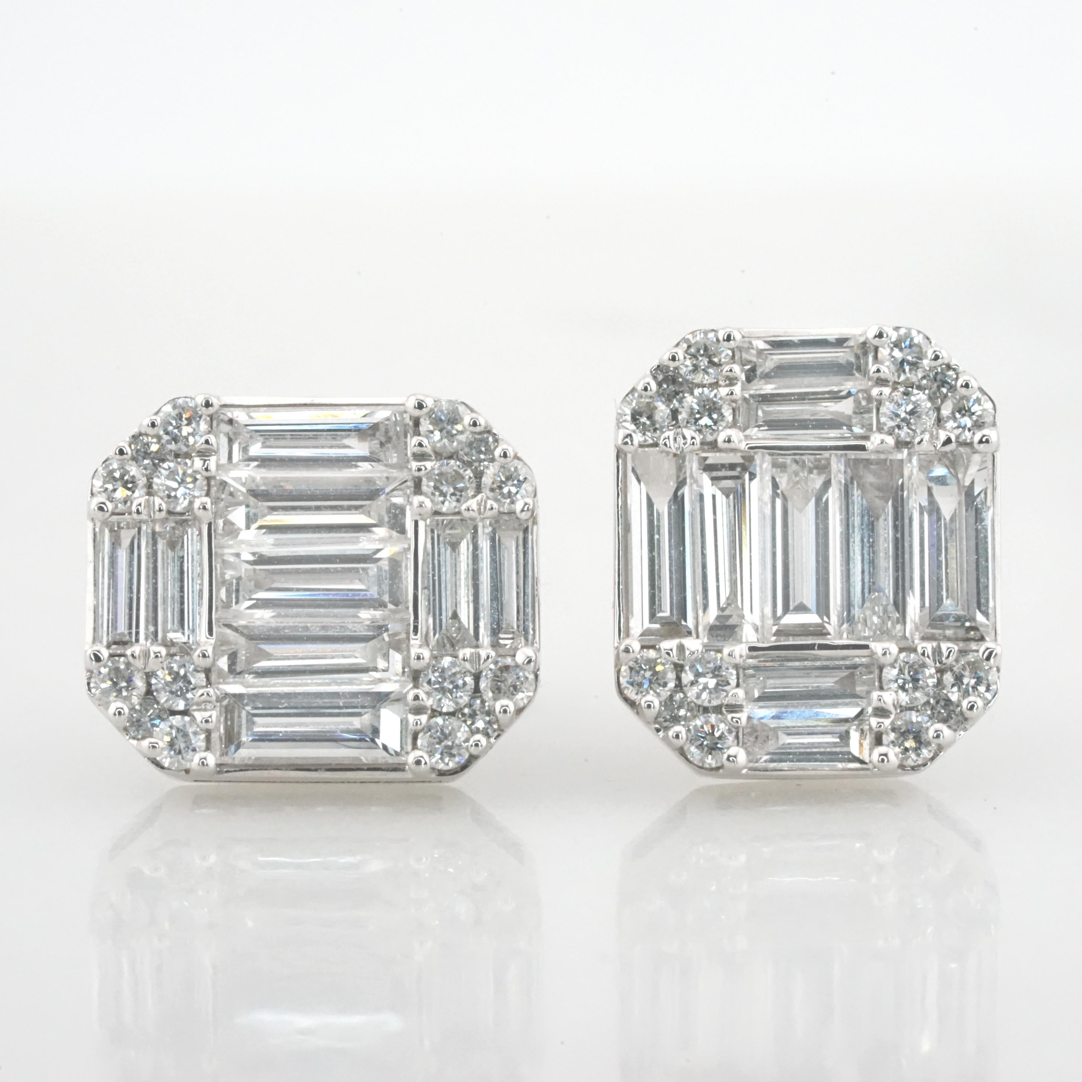 Presenting a pair of exquisite 1.46 carat total weight diamond stud earrings, meticulously crafted by the renowned Antinori Di Sanpietro. Set in lustrous 18k white gold, these earrings feature a collection of radiant baguette-cut diamonds, carefully