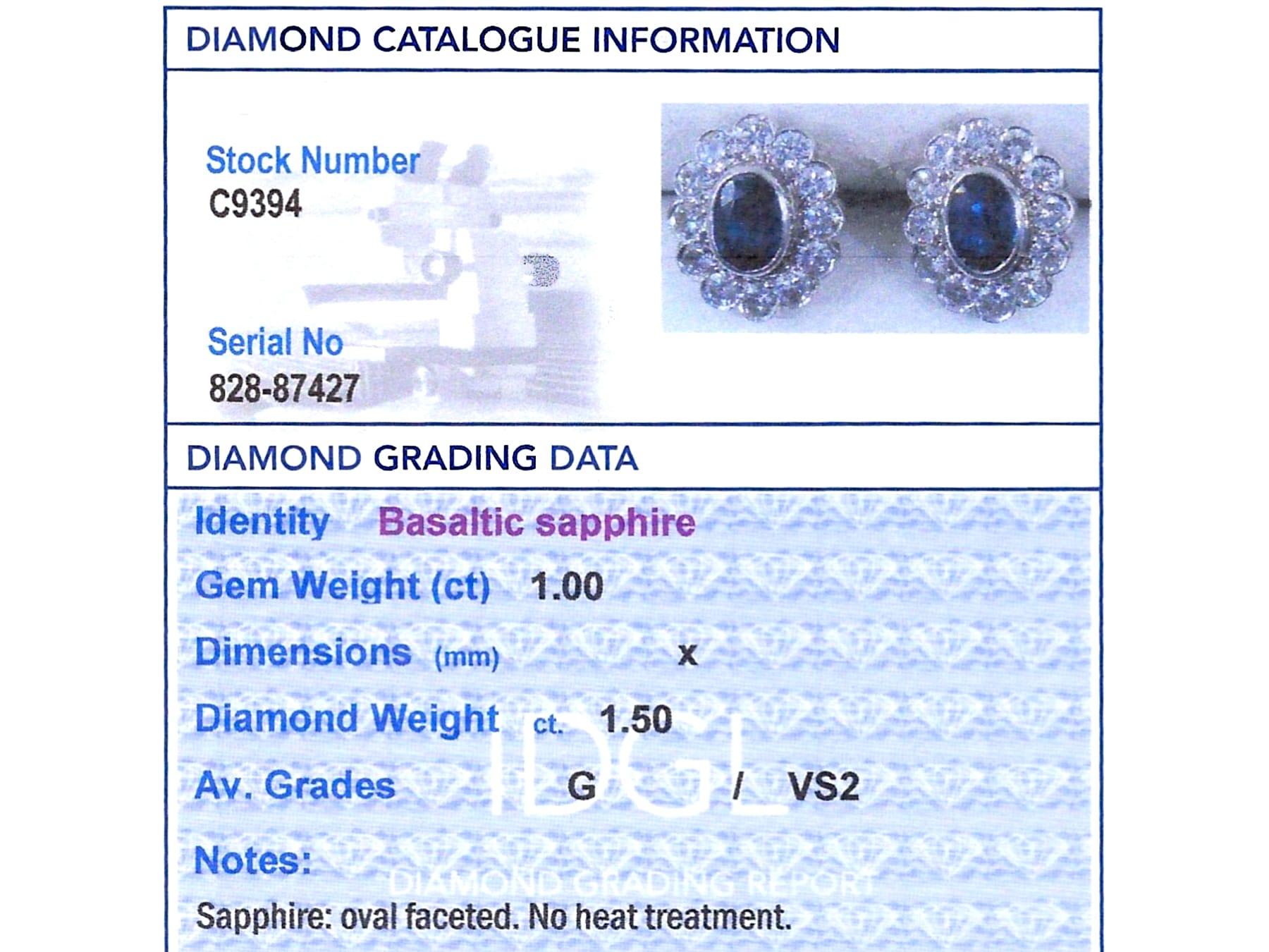 Orecchini a grappolo con zaffiro basaltico da 1 carato e diamante da 1,50 carati in oro bianco 18 carati in vendita 8