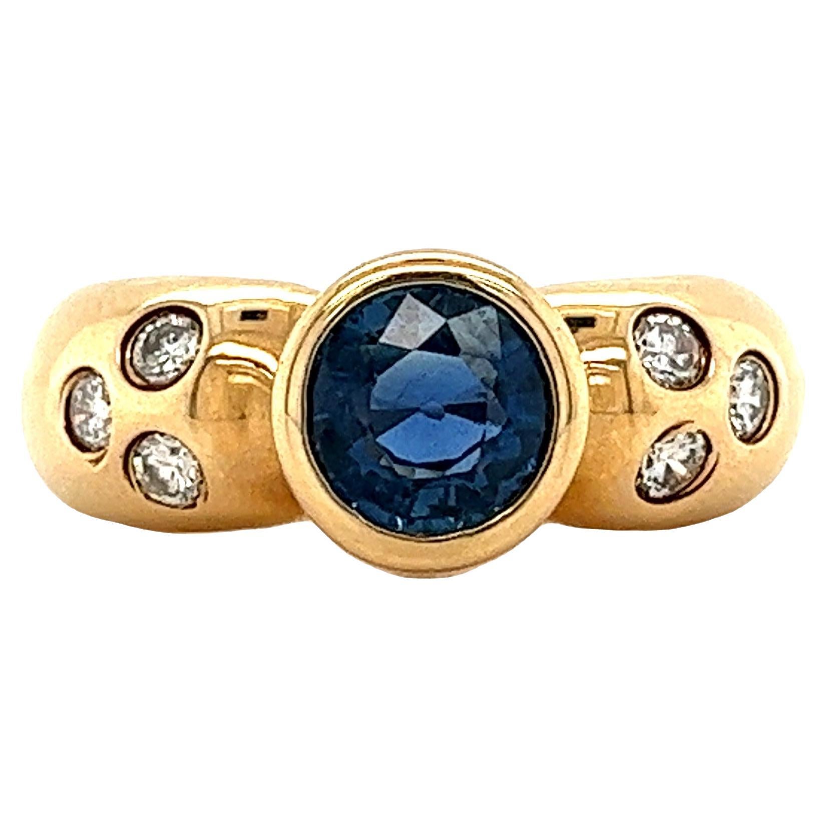 1 Carat Bezel Set Blue Sapphire and Diamond Ring in 14k Yellow Gold For Sale