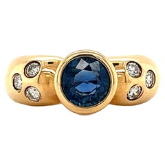 1 Carat Bezel Set Blue Sapphire and Diamond Ring in 18k Yellow Gold