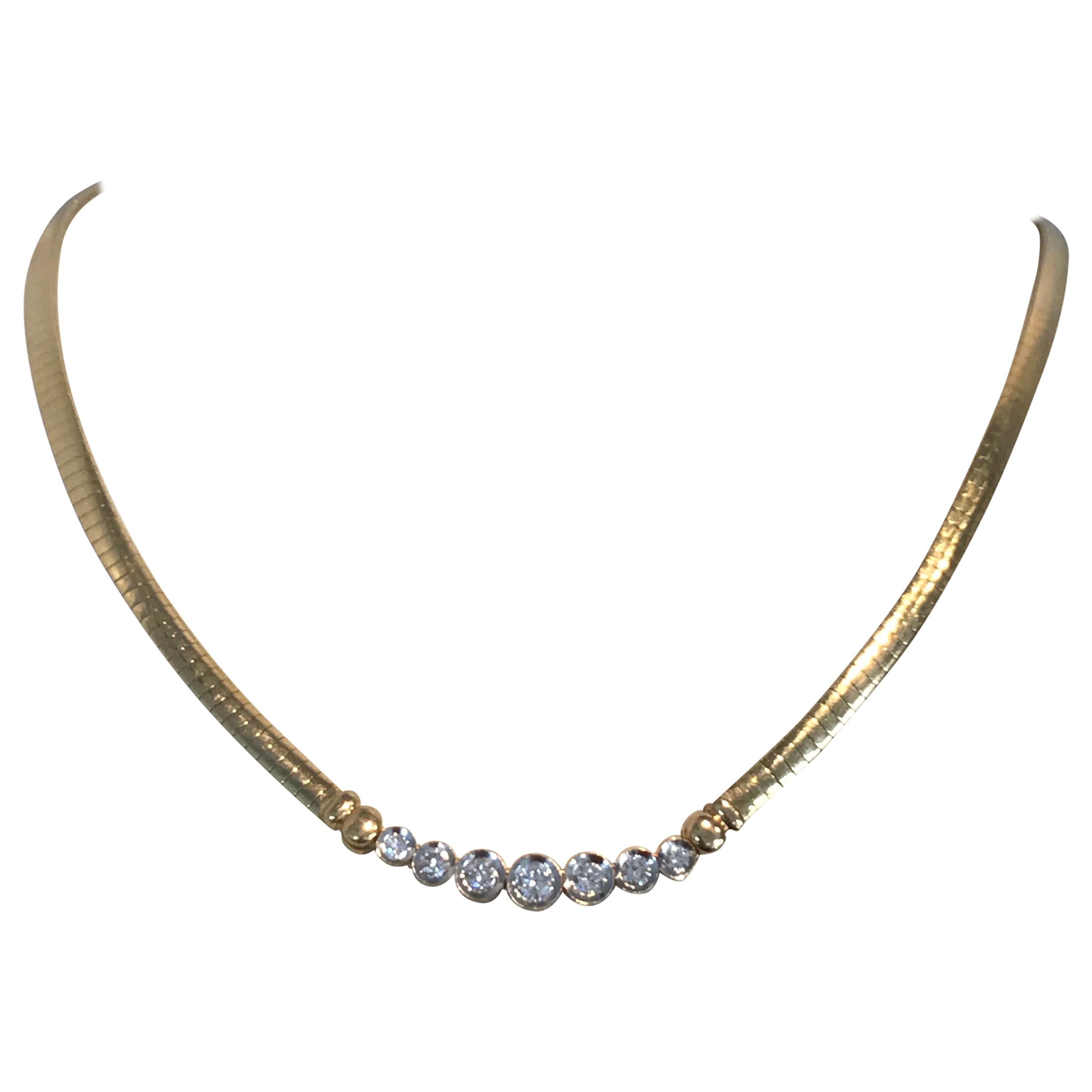 1.00 Carat Diamond Necklace w Bezel Set and Omega Chain Necklace, Diamond Choker