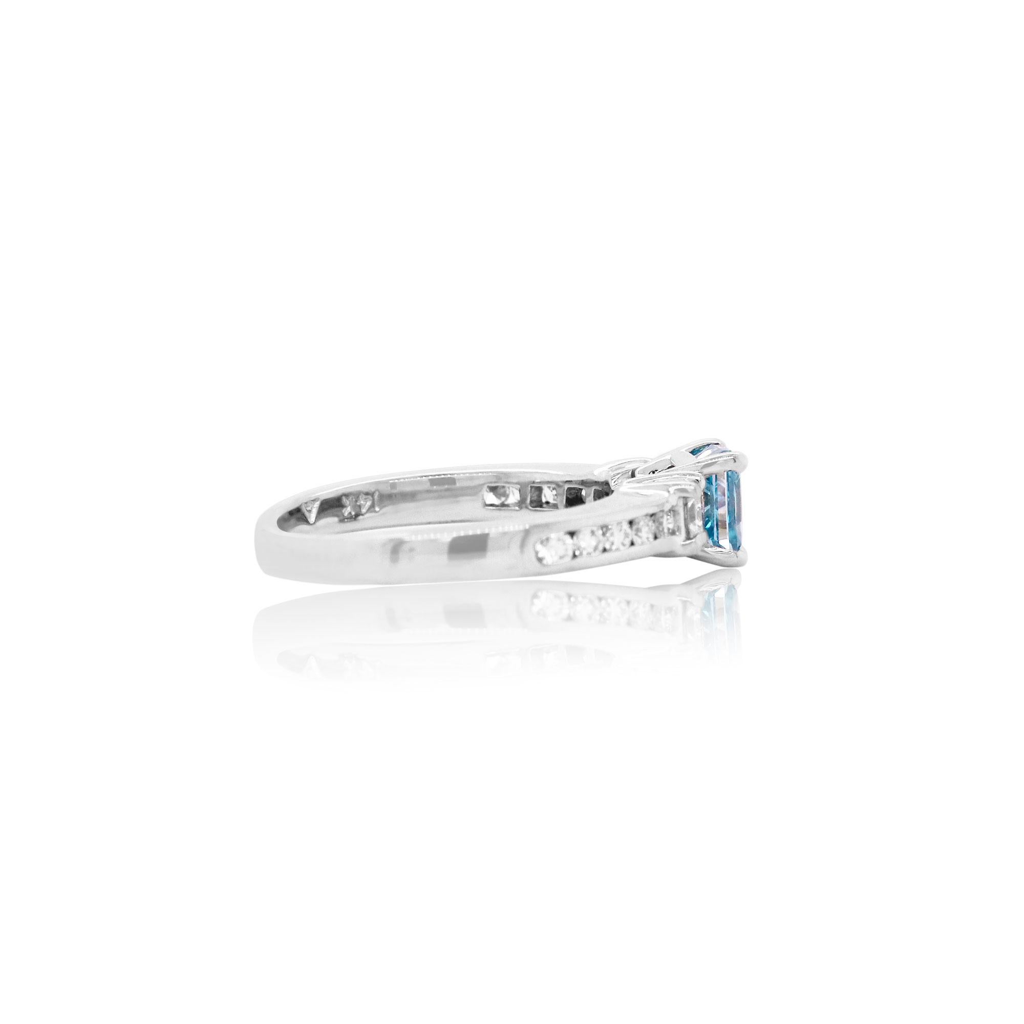 Contemporary 1 Carat Cushion Cut Blue and White Diamond Center Set Ring 14k White Gold