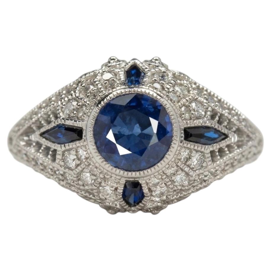 1 Carat Blue Sapphire Diamond Art Deco Style Ring For Sale