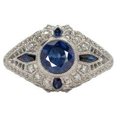 1 Carat Blue Sapphire Diamond Art Deco Style Ring