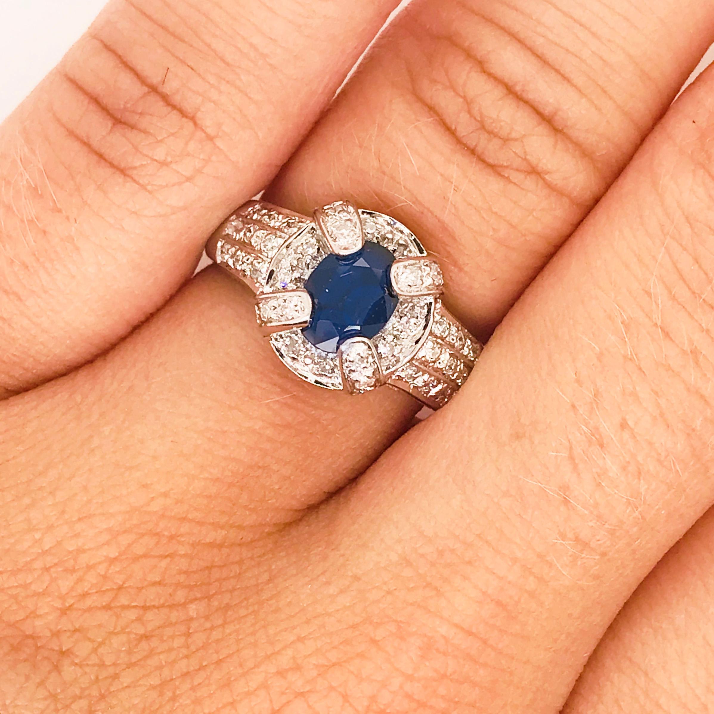Oval Cut 1 Carat Blue Sapphire Diamond Halo Engagement Ring 14 Karat Gold Oval Sapphire