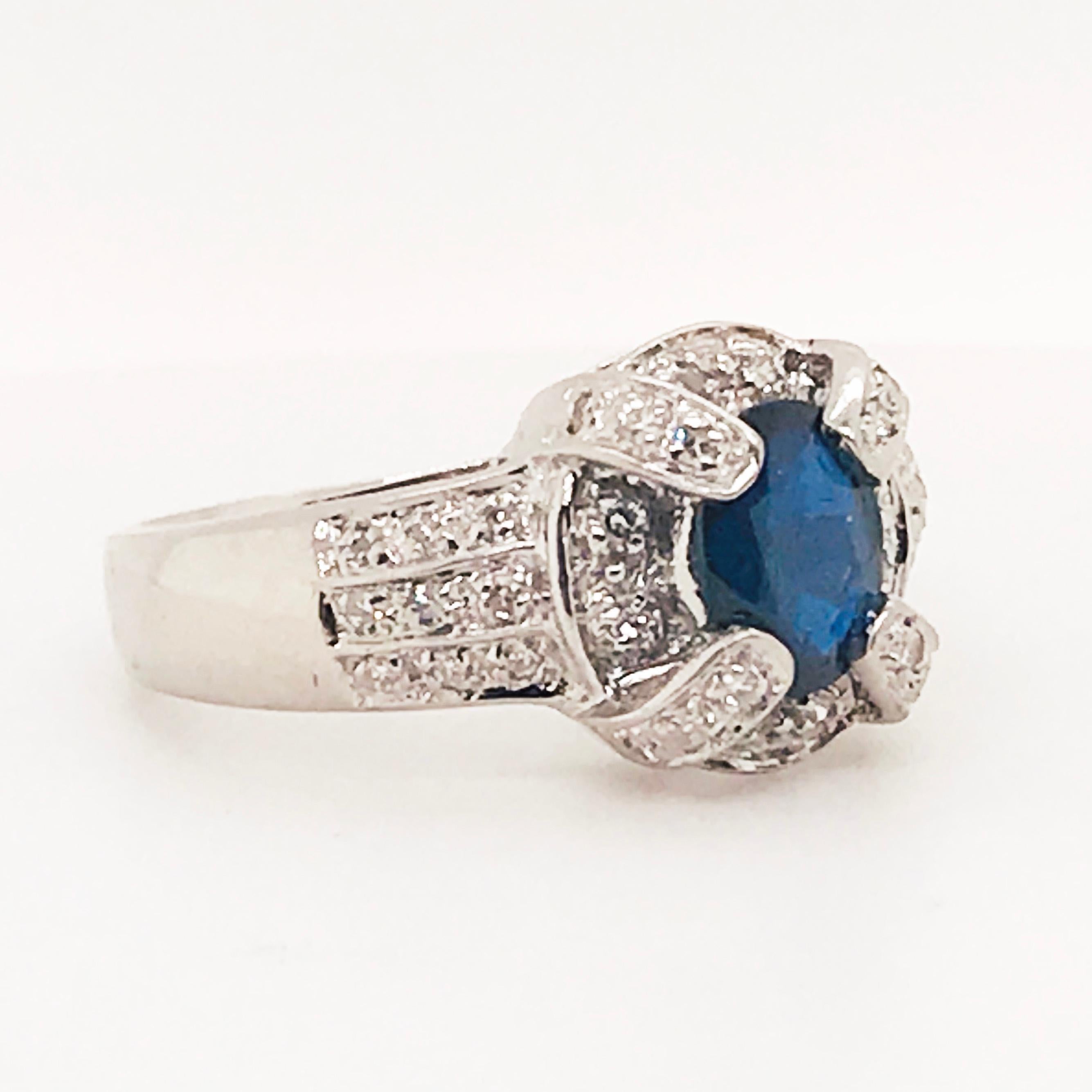 1 Carat Blue Sapphire Diamond Halo Engagement Ring 14 Karat Gold Oval Sapphire In New Condition In Austin, TX