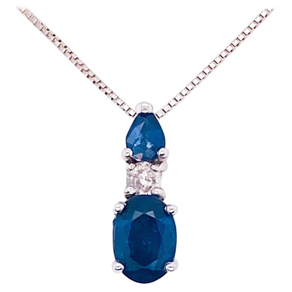 1 Carat Blue Sapphire & Diamond Pendant 14 Karat Gold Box Chain September Stone