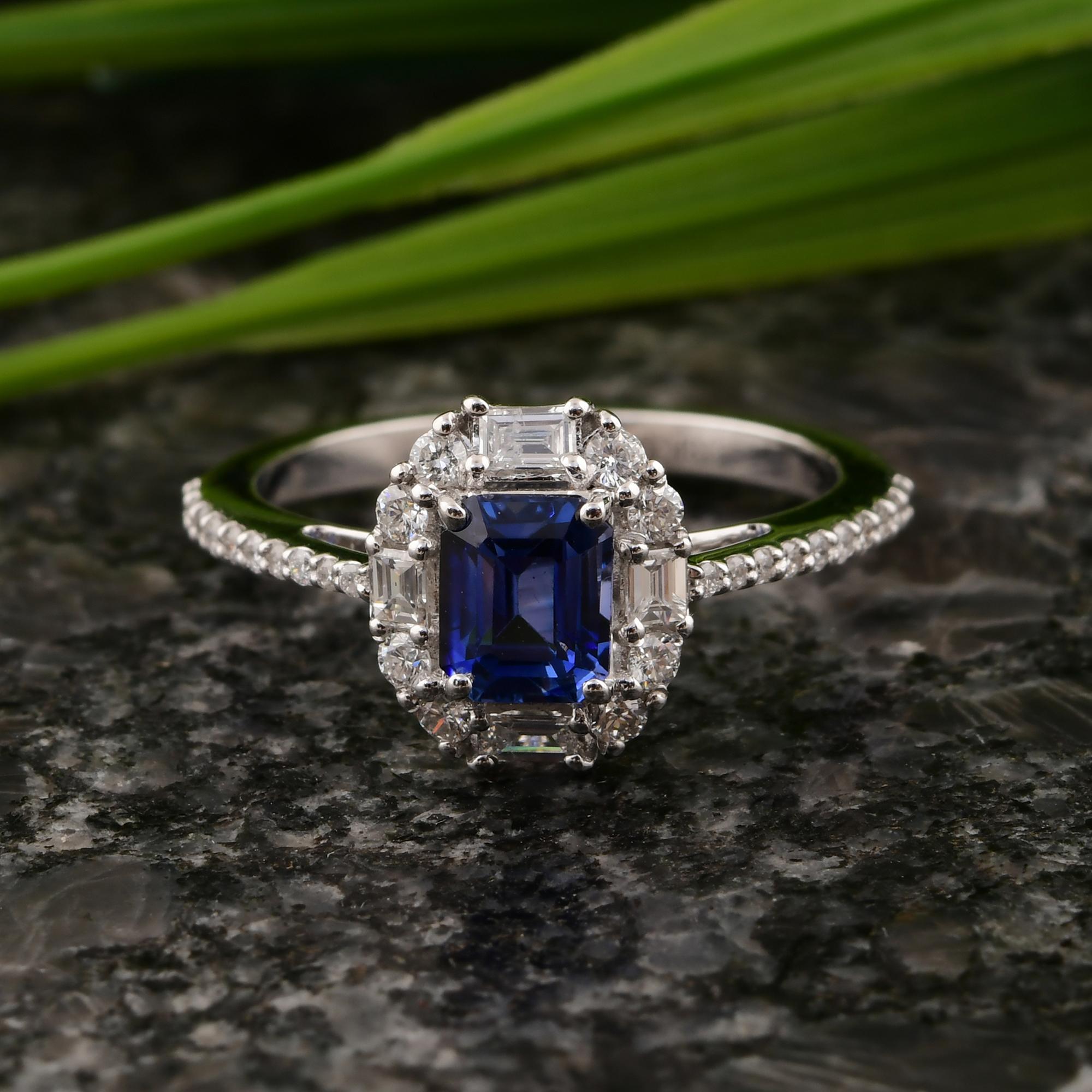 Emerald Cut 1 Carat Blue Sapphire Gemstone Ring 0.5 Ct. SI/H Diamond 14 Karat White Gold For Sale