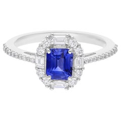 1 Carat Blue Sapphire Gemstone Ring 0.5 Ct. SI/H Diamond 18 Karat White Gold