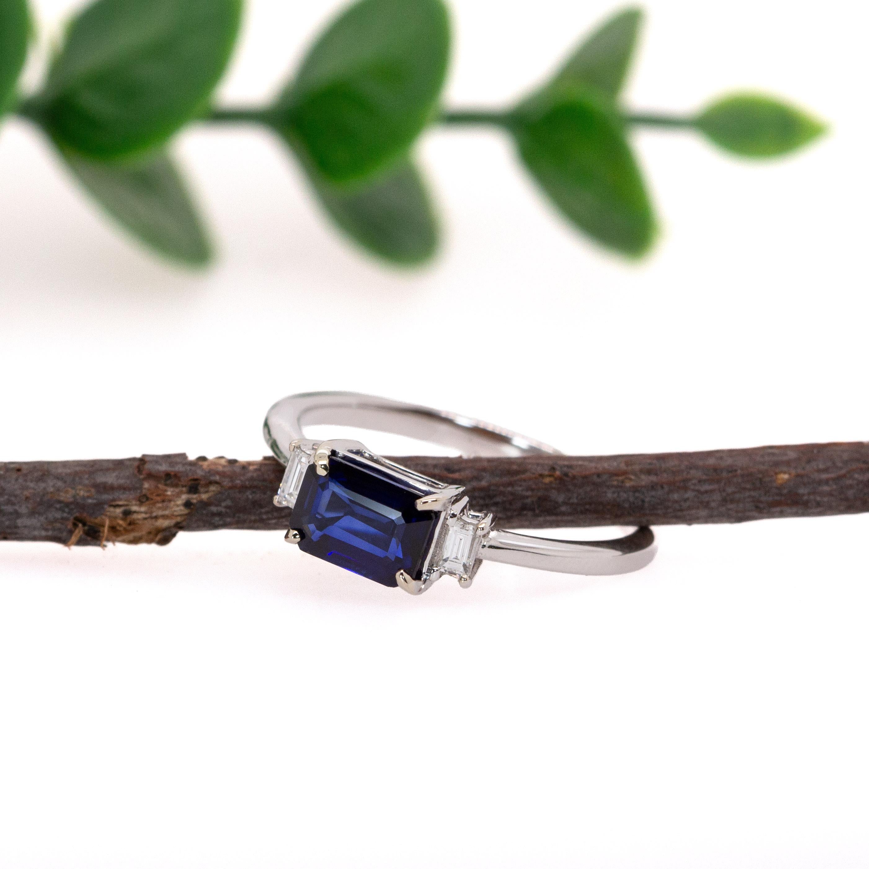 Emerald Cut 1 Carat Blue Sapphire Ring with Natural Diamonds in 14K Solid Gold  EM 7x5mm For Sale