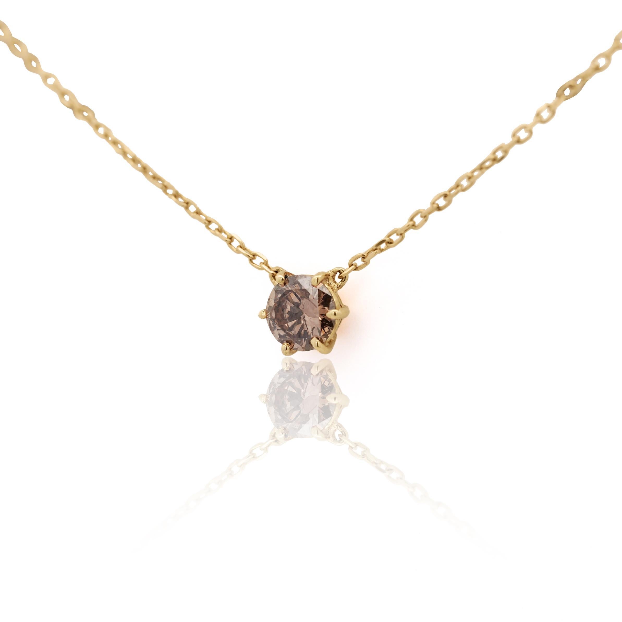 Collana con ciondolo solitario in oro 18K con diamante marrone da 1 carato in vendita 1