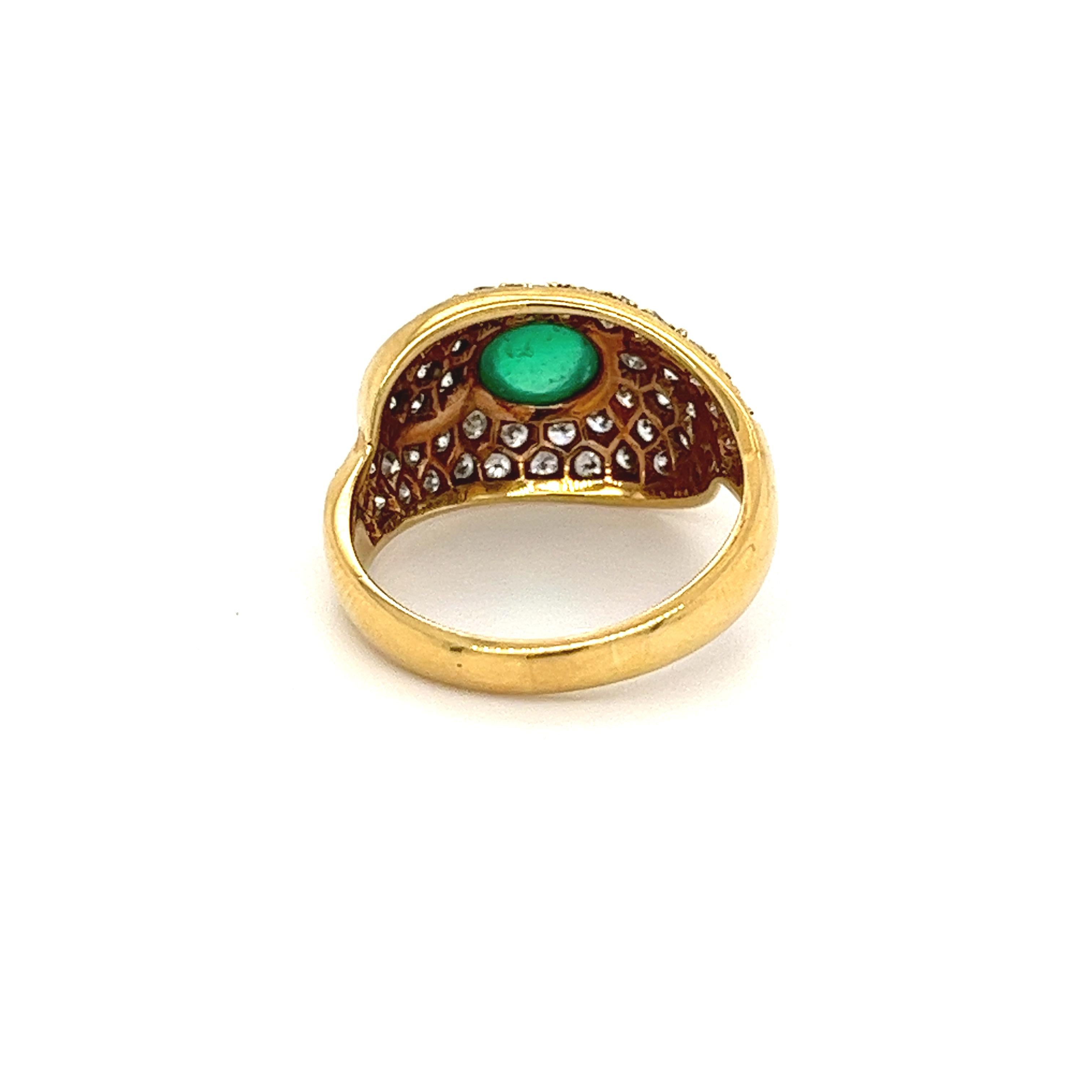 Women's 1 Carat Cabochon Natural Emerald and Diamond Cluster Bypass Ring in 18k Gold For Sale