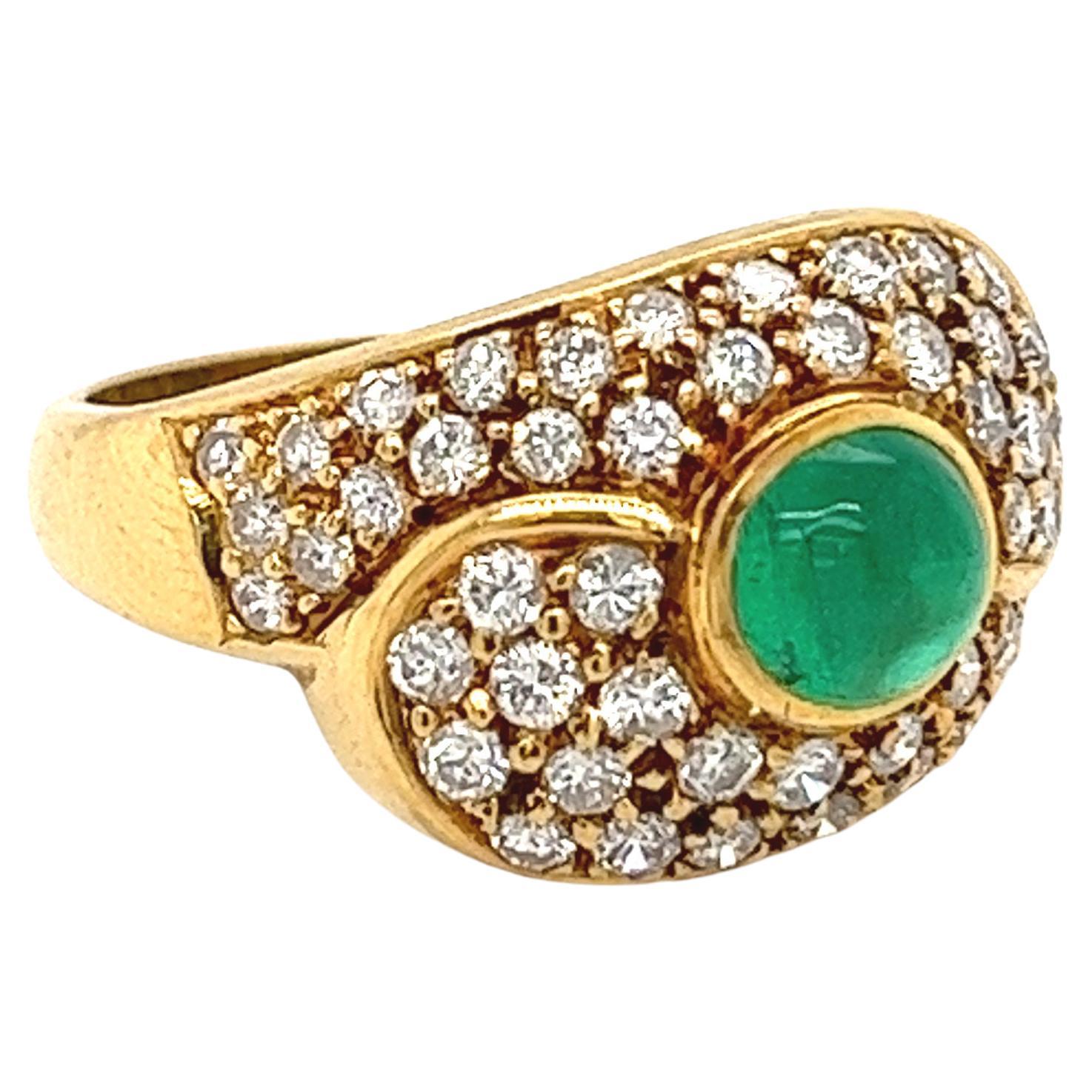 1 Carat Cabochon Natural Emerald and Diamond Cluster Bypass Ring in 18k Gold For Sale