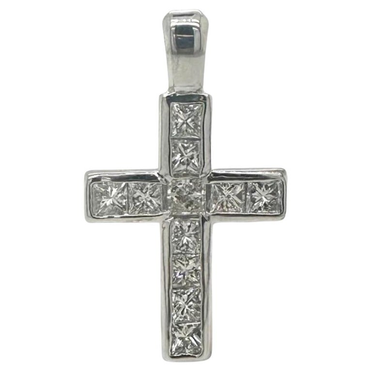 1 Carat Channel Set Princess Cut Diamond Cross Pendant Set In 18K White