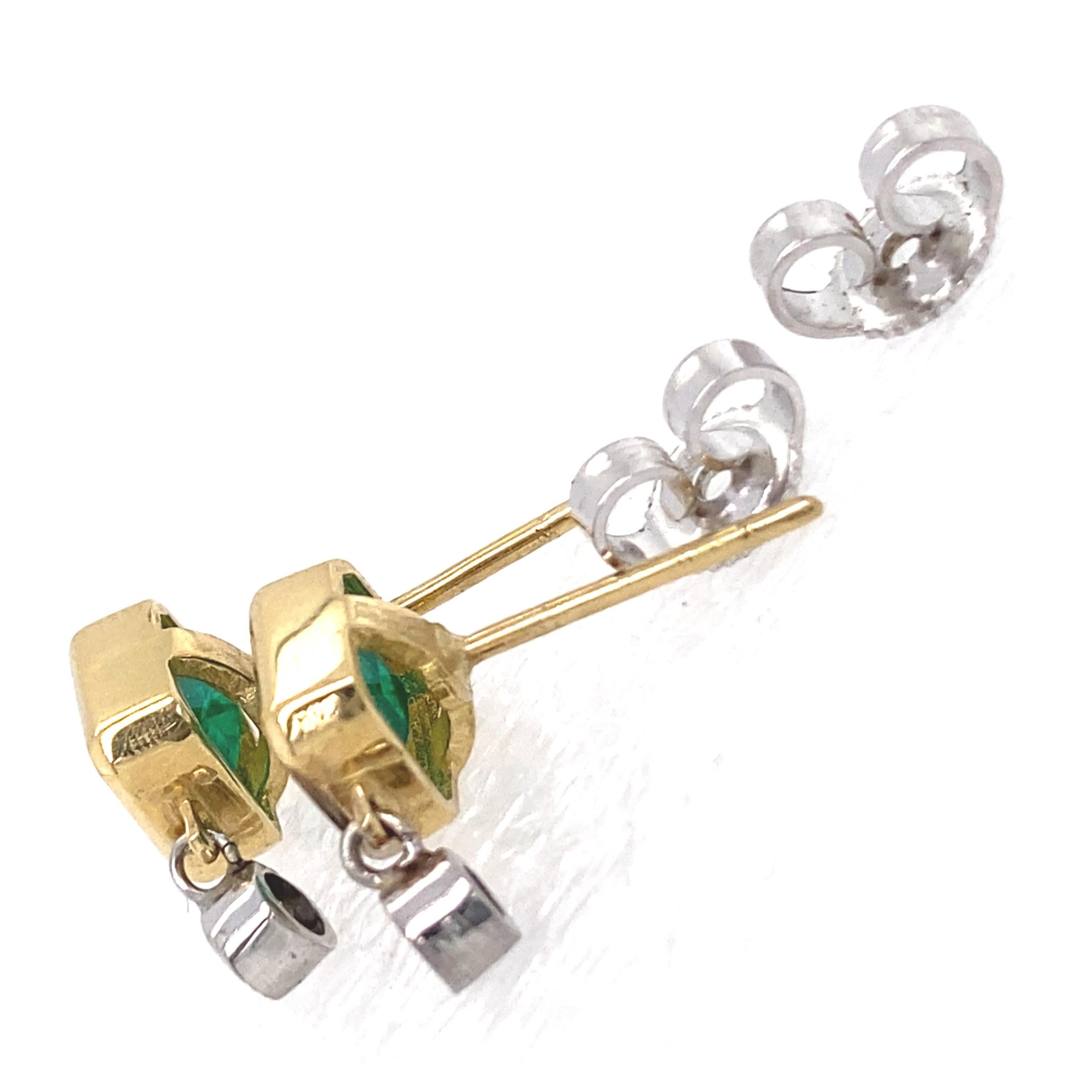 Women's or Men's 1 Carat Colombian Emerald Earrings in 18 Karat Yellow Gold with Diamond Drops