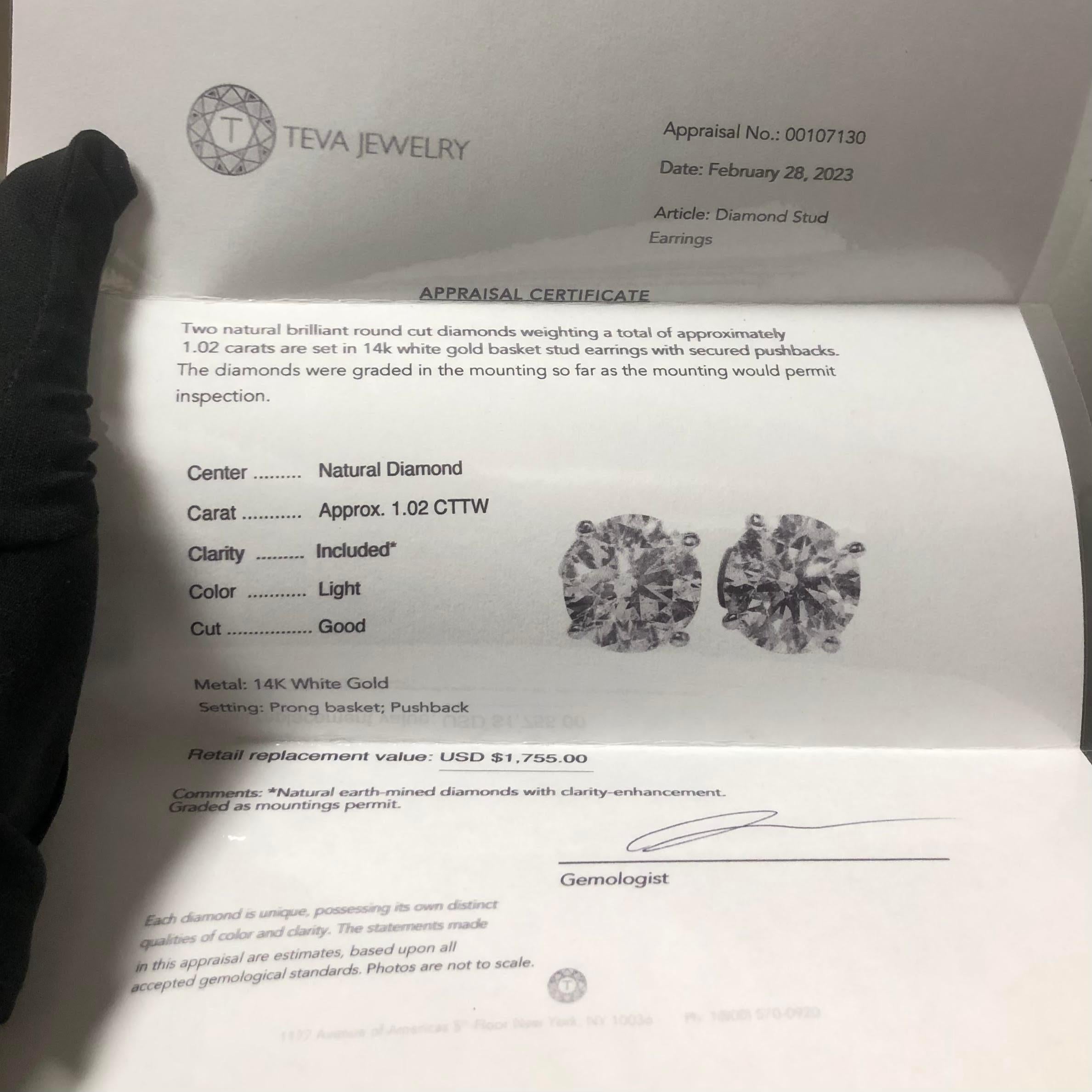 1 Carat Ct Real Natural Diamond 2 Stud Earrings Round Solitaire 14k White Gold In New Condition In New York, NY