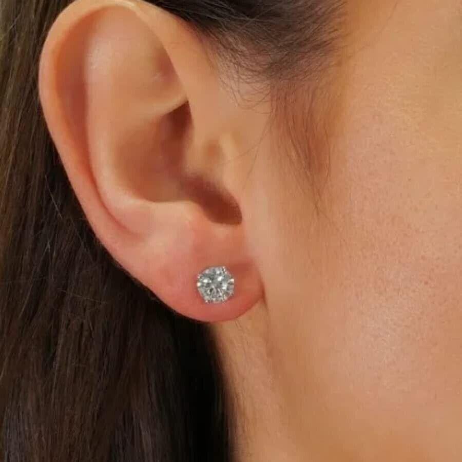 1 Carat Ct Real Natural Diamond 2 Stud Ears Round Solitaire 14k White Gold en vente 3