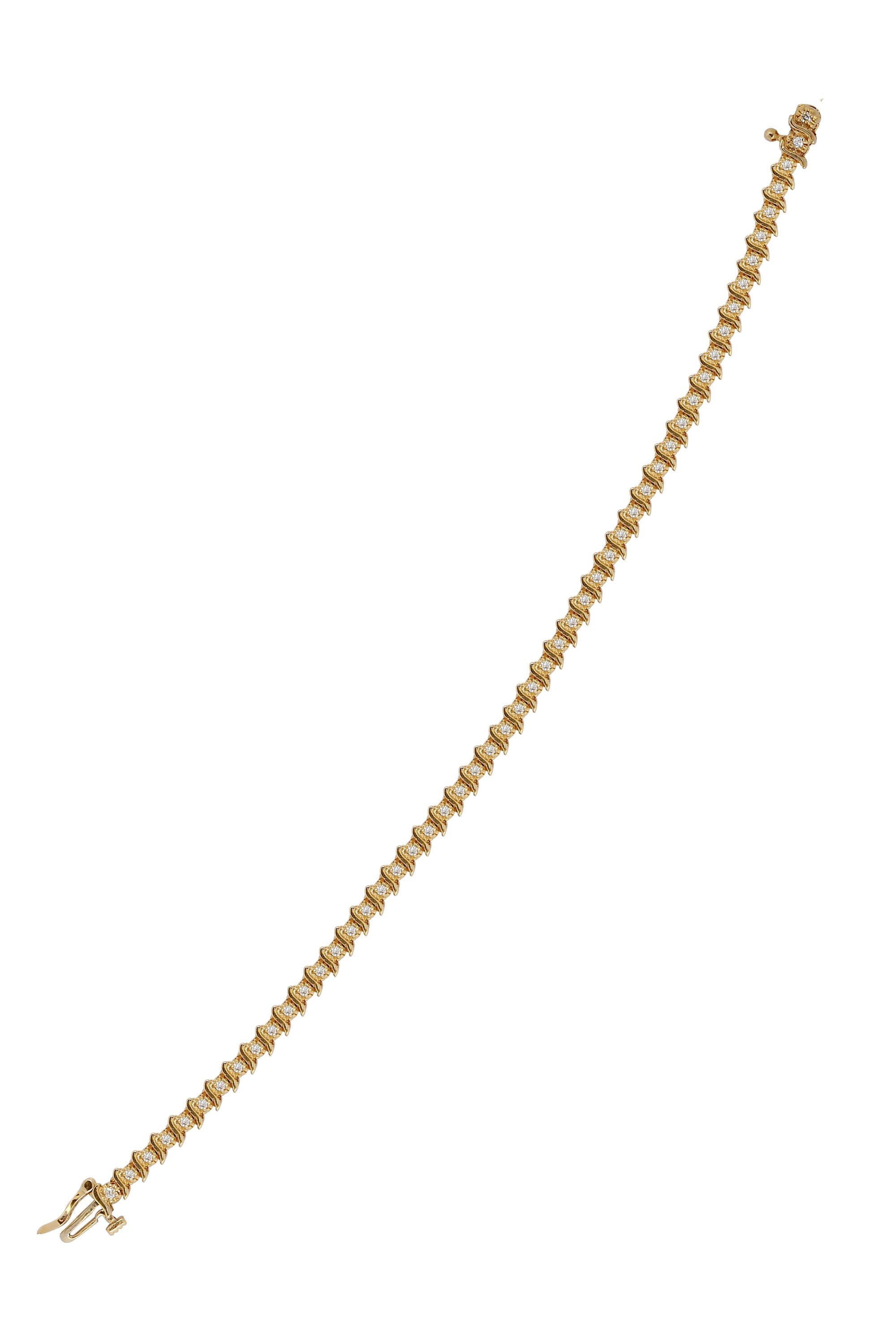 Taille ronde Bracelet tennis à maillons en or jaune 14 carats avec diamants courbés en forme de S de 1 carat en vente