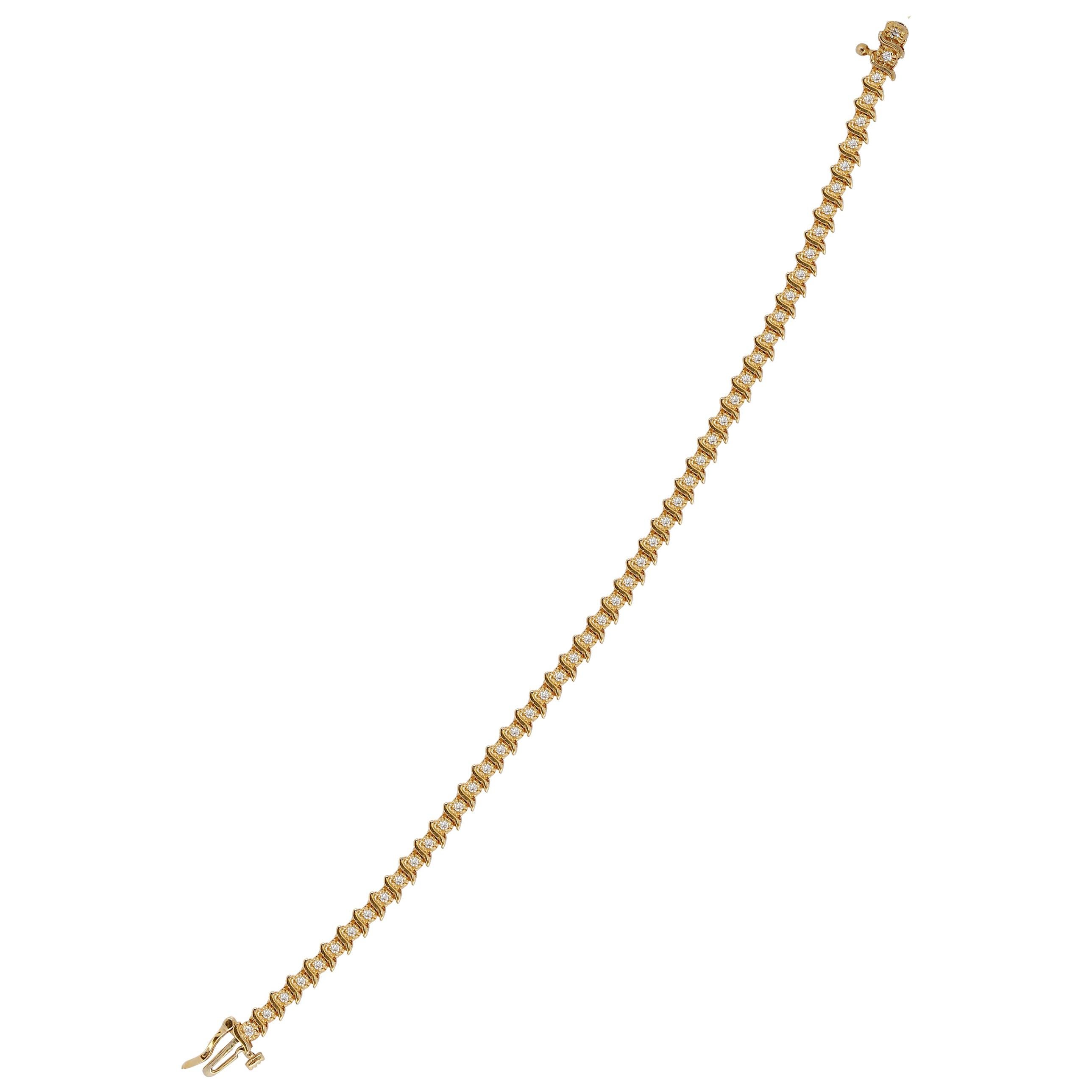 1 Carat Curve S Link Diamond Tennis Bracelet 14k Yellow Gold For Sale