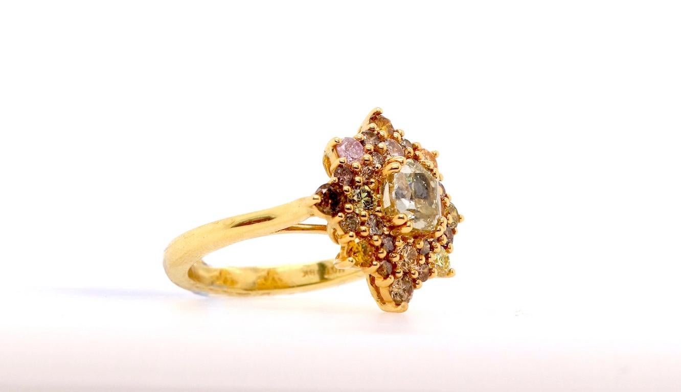 Material: 18K Yellow Gold 
Center Stone Details: 1 Cushion Cut Yellow Diamond at 1.50 Carats 
Mounting Diamond Details: 28 Multicolor Diamonds at 1.10 Carats.
Alberto offers complimentary sizing on all rings.

Fine one-of-a-kind craftsmanship meets