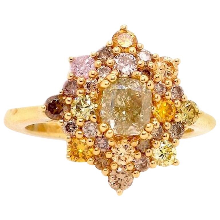 1.50 ct Cushion Cut Yellow Multi-Color Diamond Engagement Ring 18K Yellow Gold