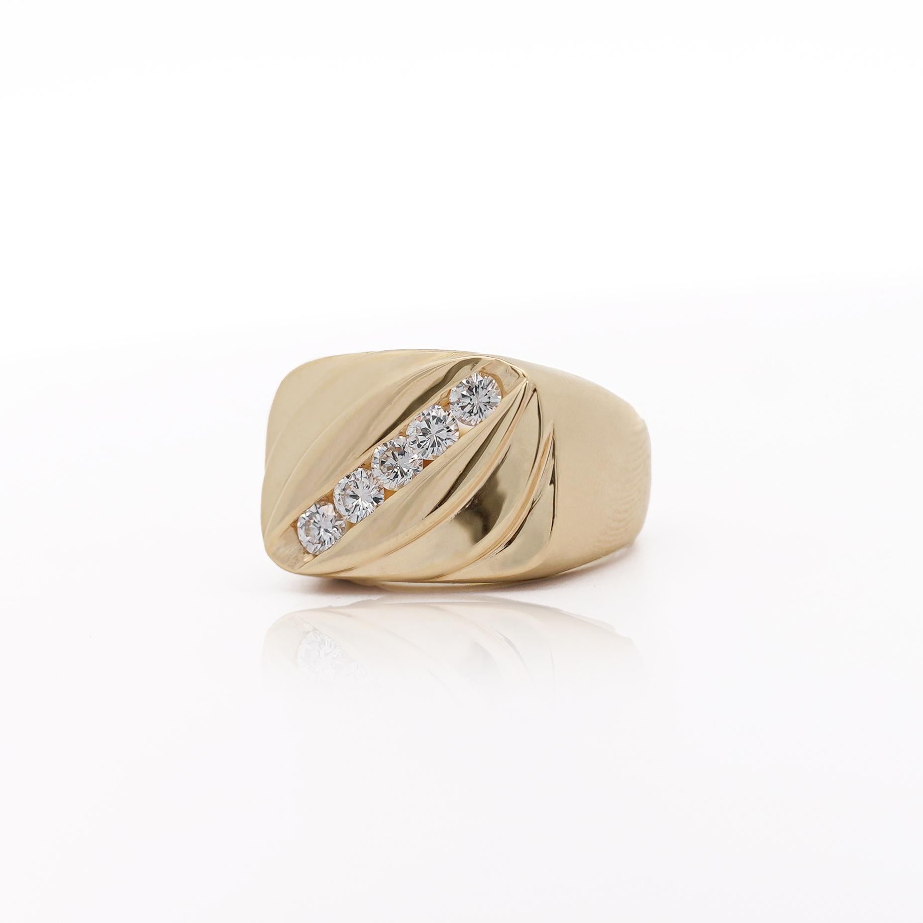 Brilliant Cut 1 Carat Diagonal Diamond Channel Set 14K Gold Vintage Mens Ring For Sale