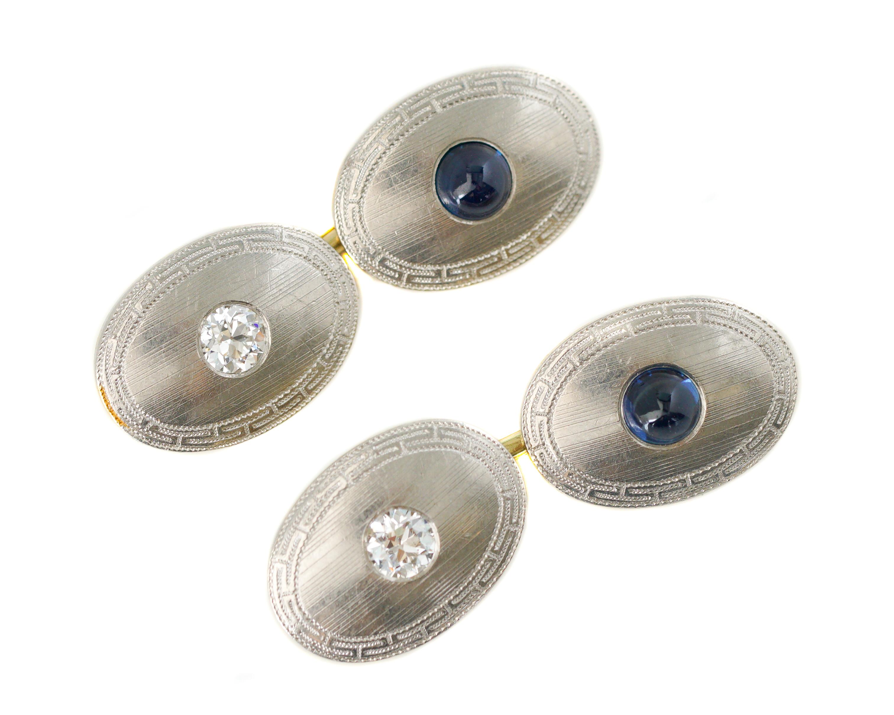 Men's 1 Carat Diamond and 1 Carat Sapphire Two-Tone Platinum Cufflinks