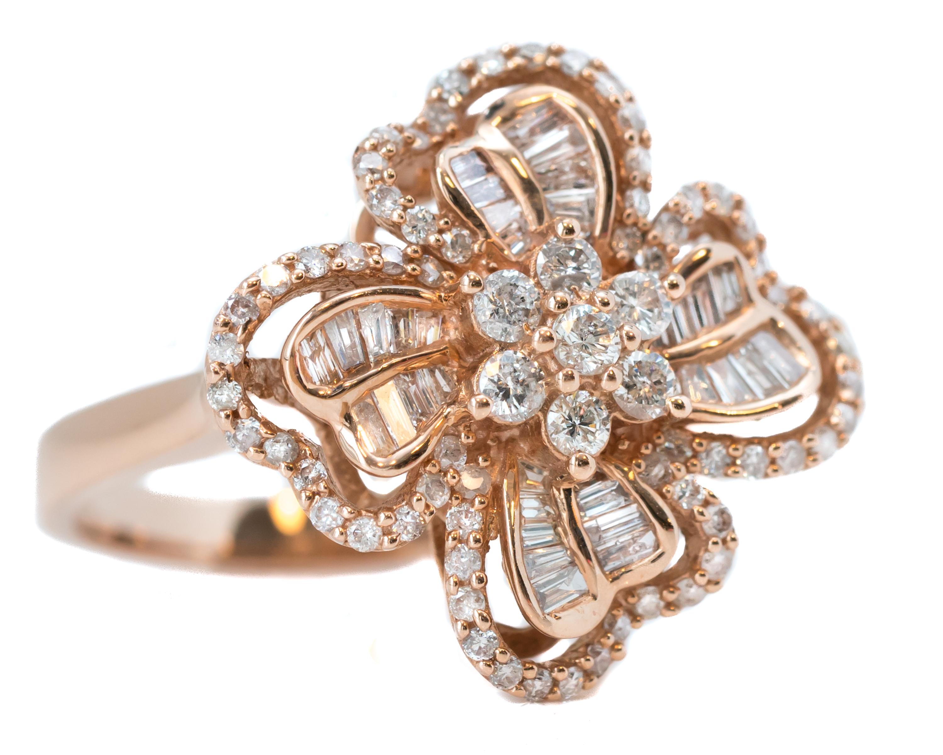 Round Cut 1 Carat Diamond and 14 Karat Rose Gold Floral Ring