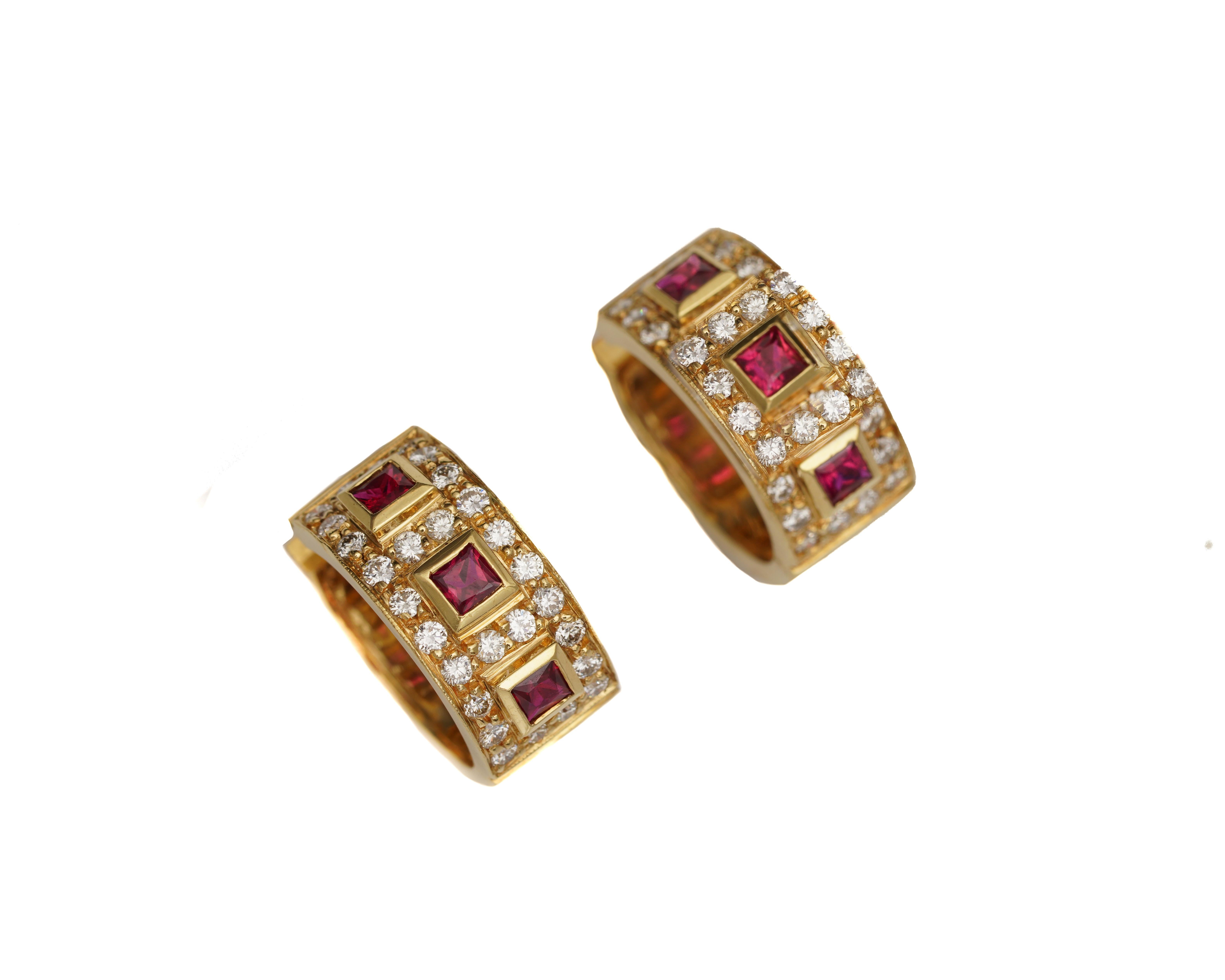 Item Details:
Metal type: 18 Karat Yellow Gold
Weight: 21 grams

Diamond Details:
Cut: Round
Carat: 1 Carat Total Weight
Clarity: VS
Color: H

All diamonds are prong-set. Ruby stones are bezel set. 

Ruby details: .5 Carat Total Weight, 3 on each