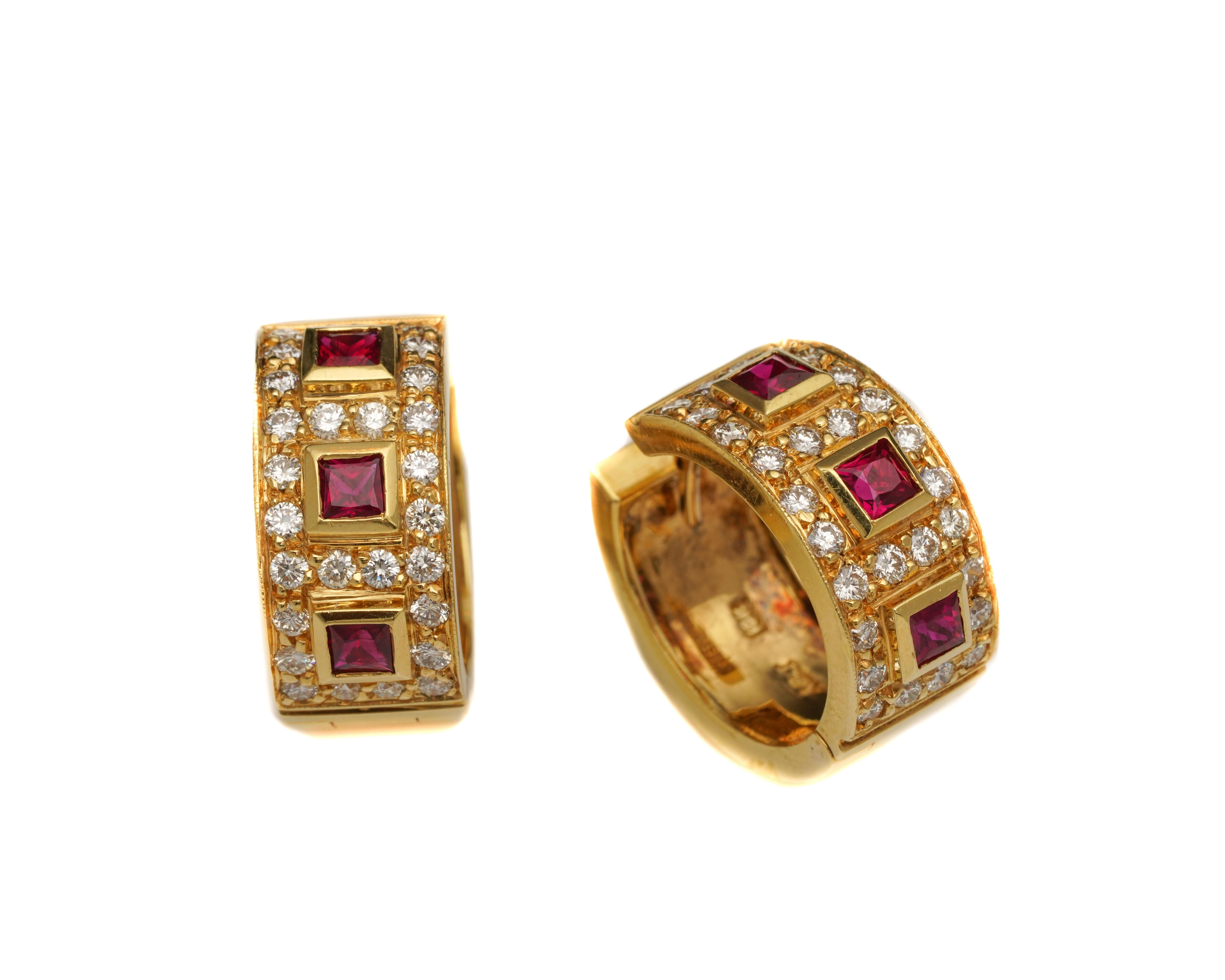 Modern 1 Carat Diamond and .5 Carat Ruby Earrings in 18 Karat Gold