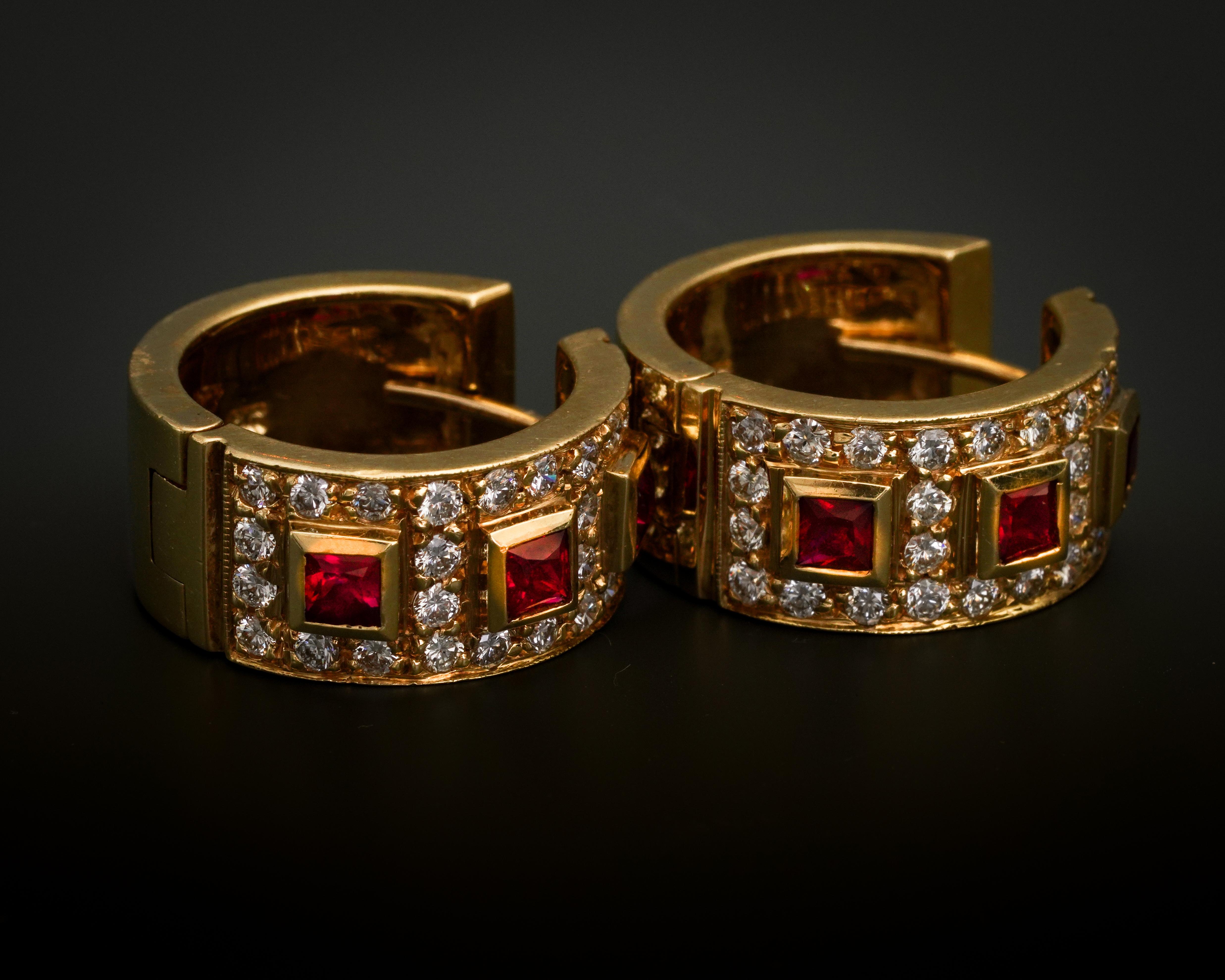 1 Carat Diamond and .5 Carat Ruby Earrings in 18 Karat Gold In Excellent Condition In Atlanta, GA
