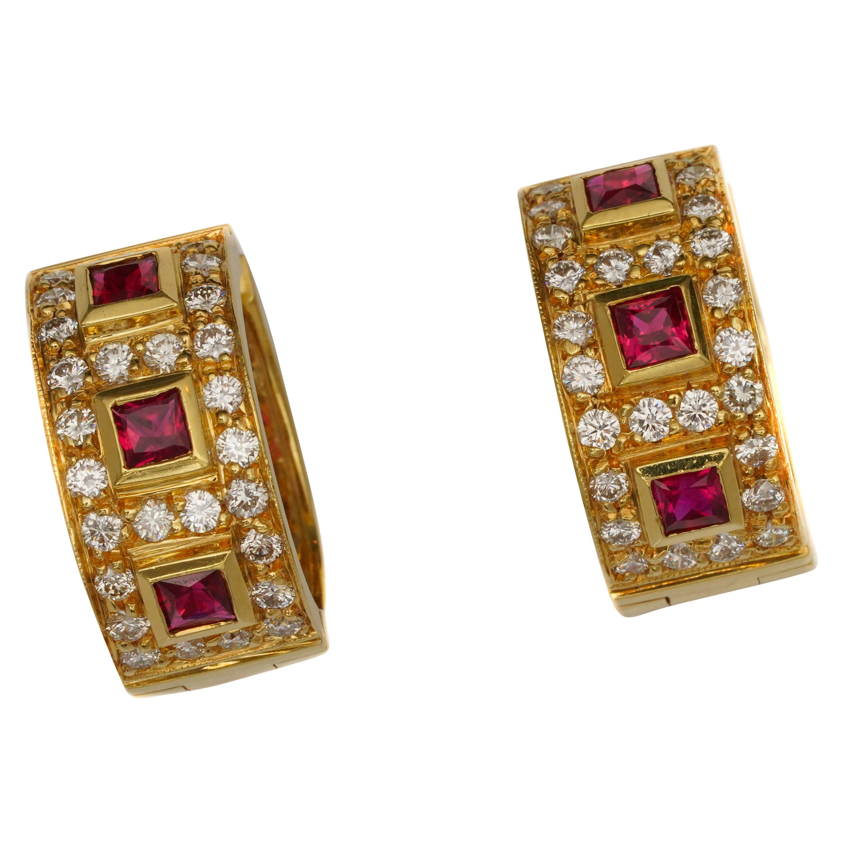1 Carat Diamond and .5 Carat Ruby Earrings in 18 Karat Gold