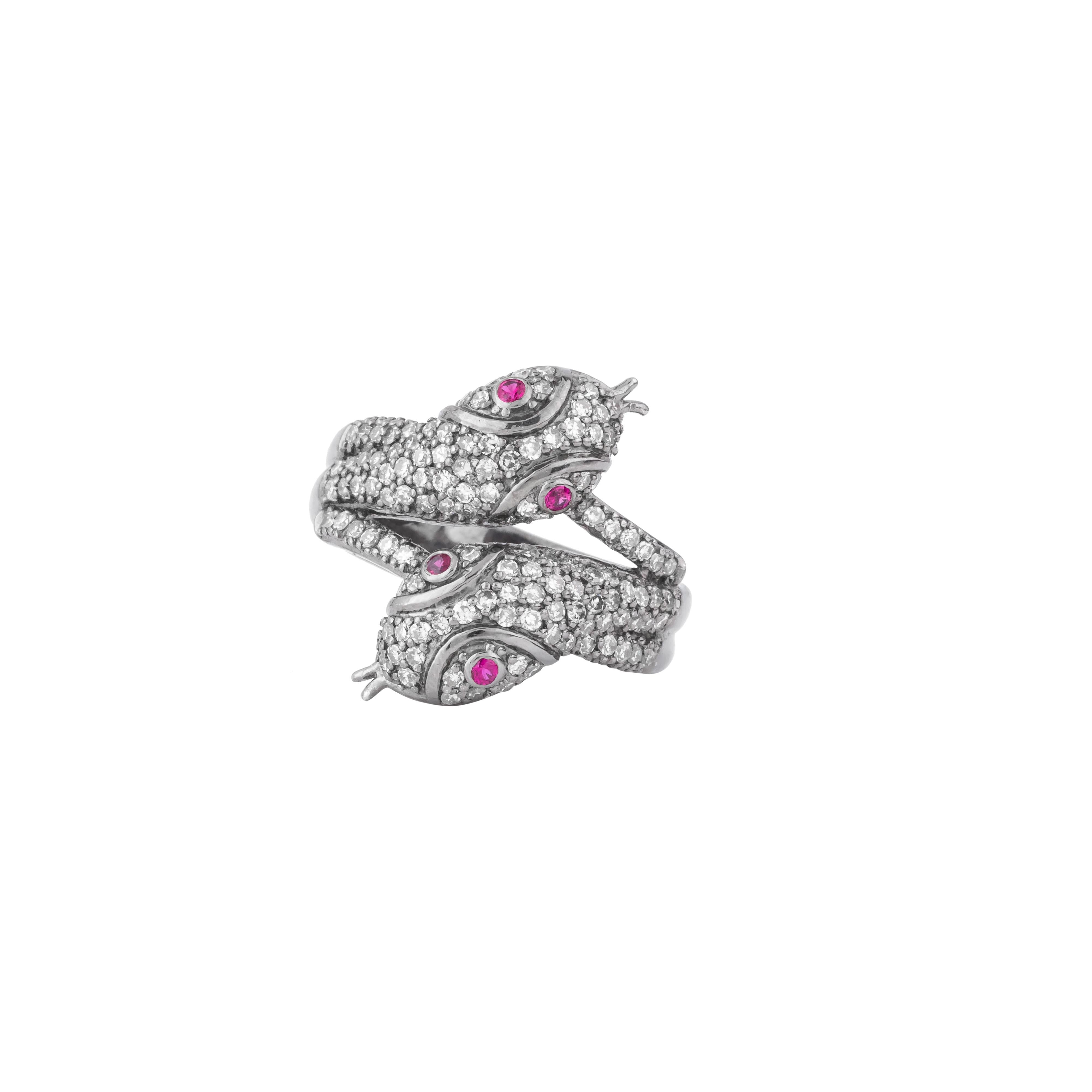 Modern 1 Carat Diamond and Ruby Snake Fashion Ring For Sale