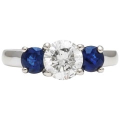 1 Carat Diamond and Sapphire 3-Stone Engagement Ring Set in 18 Karat White Gold