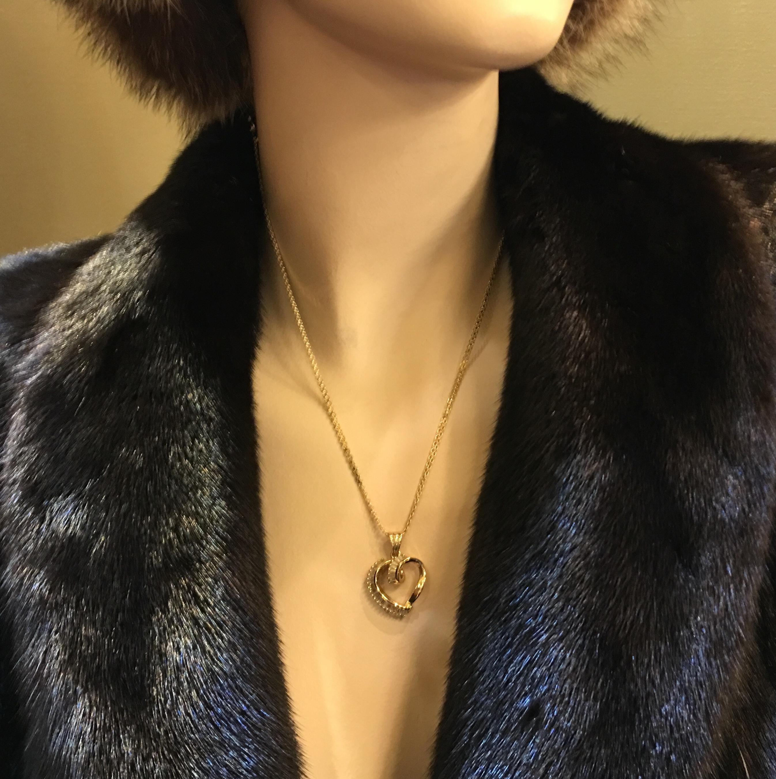 Women's 1 Carat Diamond Baguette Swirling Ribbon Heart Pendant 14 Karat Gold with Chain