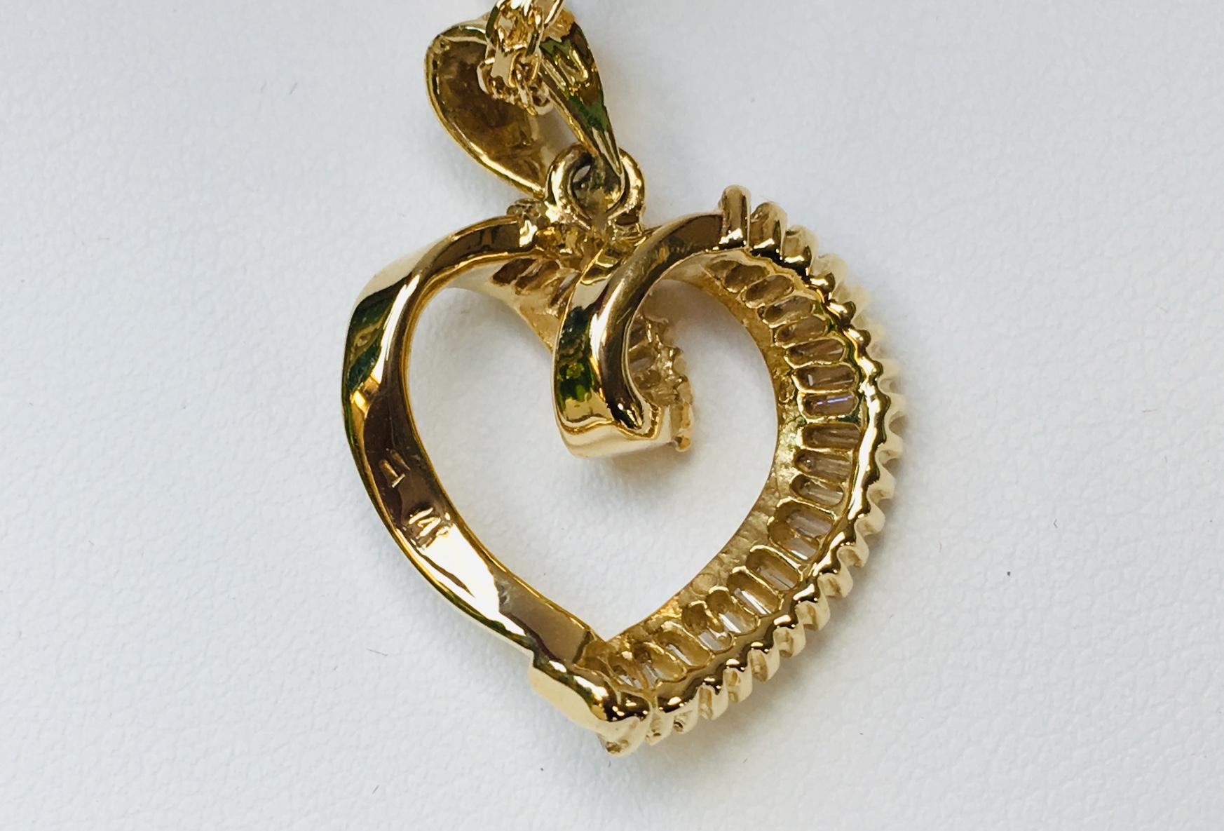 1 Carat Diamond Baguette Swirling Ribbon Heart Pendant 14 Karat Gold with Chain 1