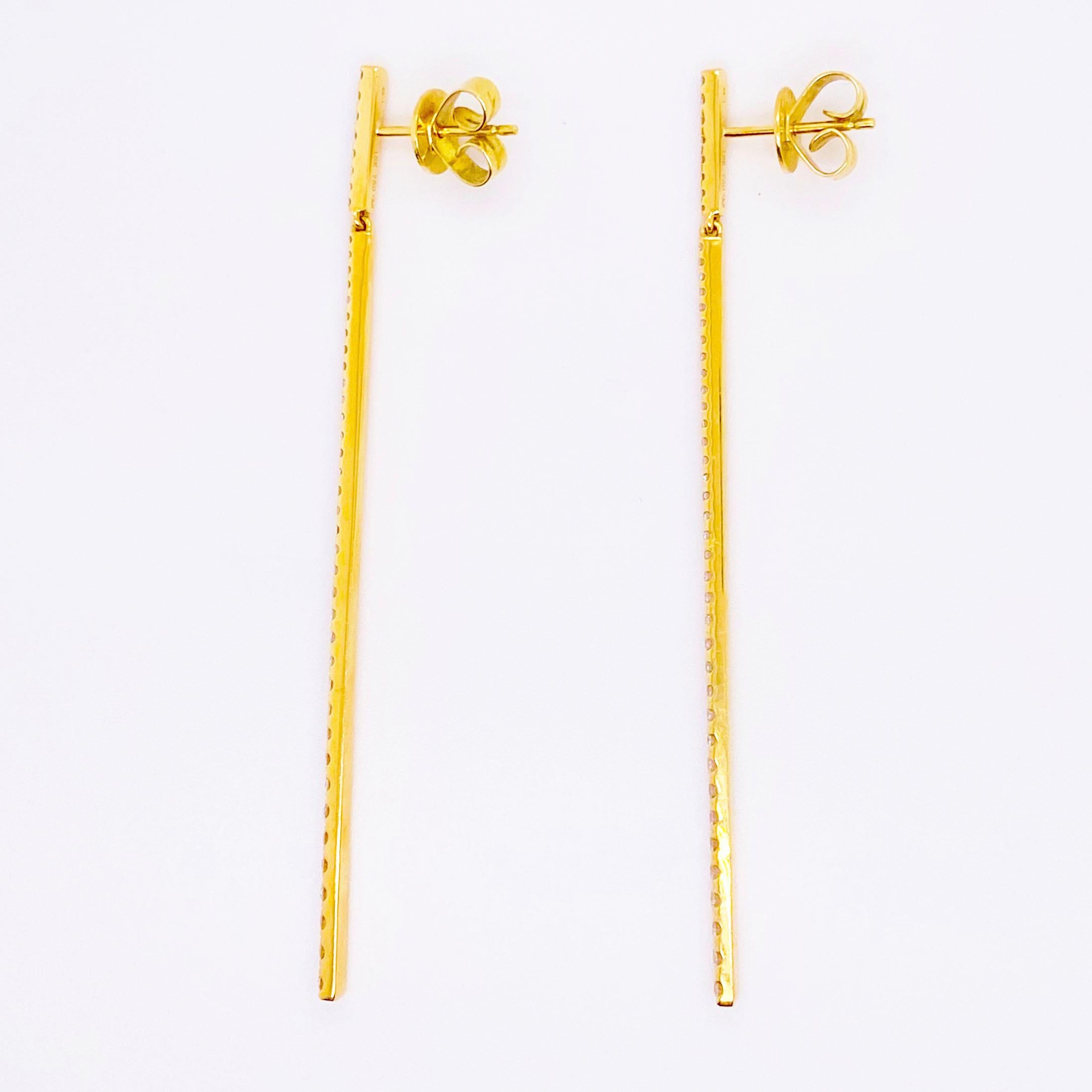 Round Cut 1 Carat Diamond Bar Earring Dangles 18 Karat Gold 1.00 Carat Diamond Drops