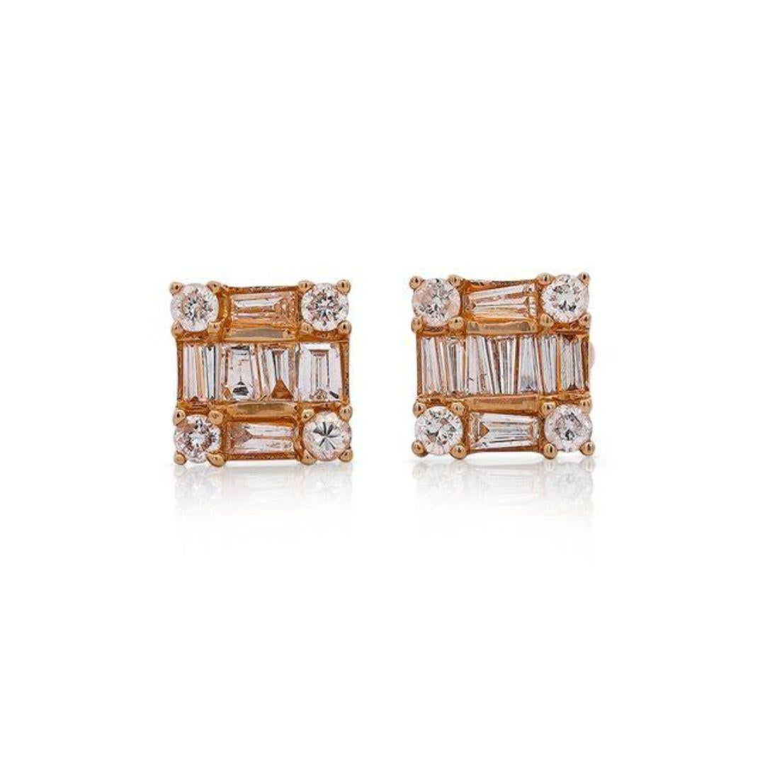 Taglio baguette Orecchini a grappolo d'oro 14K con diamante da 1 carato, con chiusura a grappolo in vendita