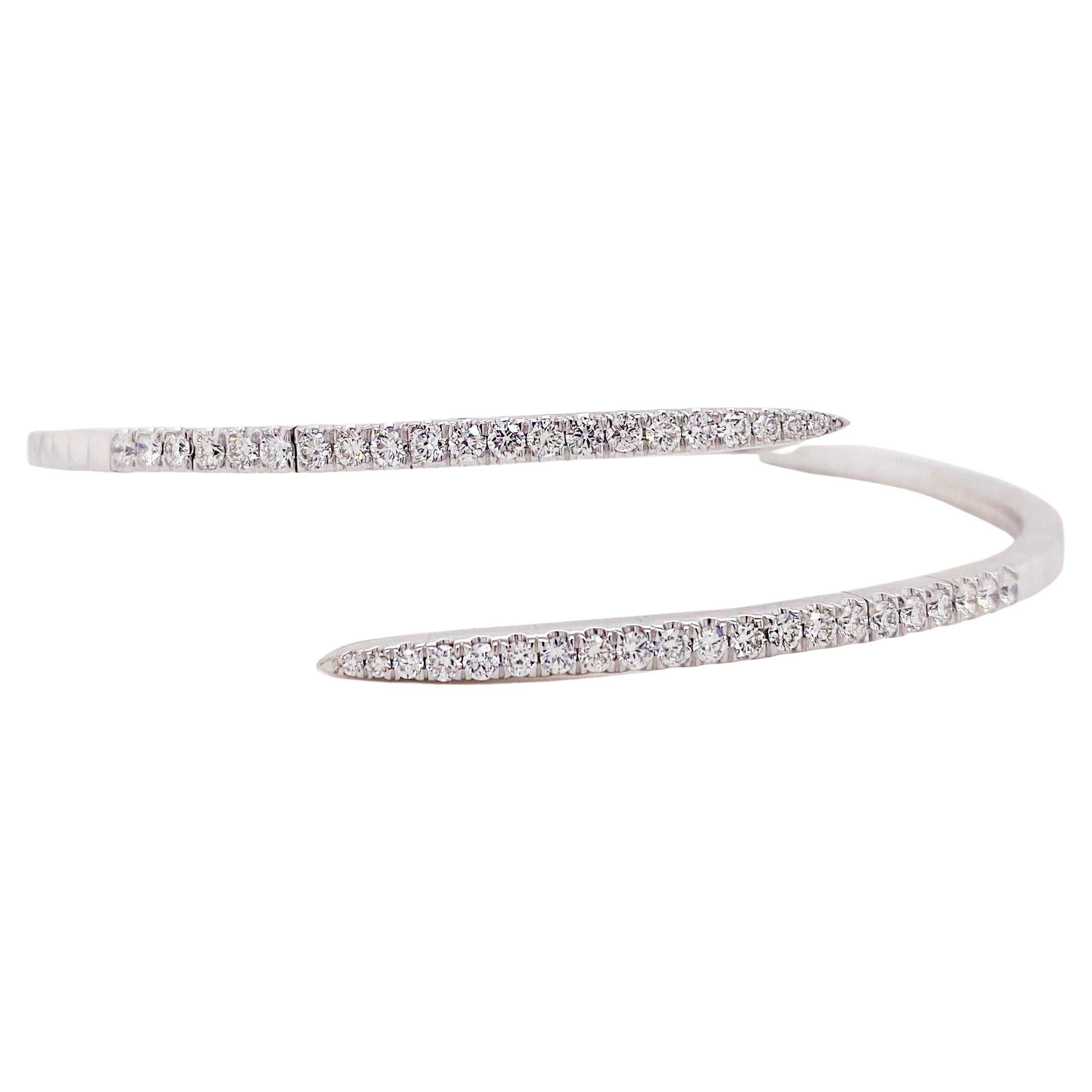 1 Carat Diamond Bypass Bracelet, Flexible Diamond Spike Bangle 14K White Gold