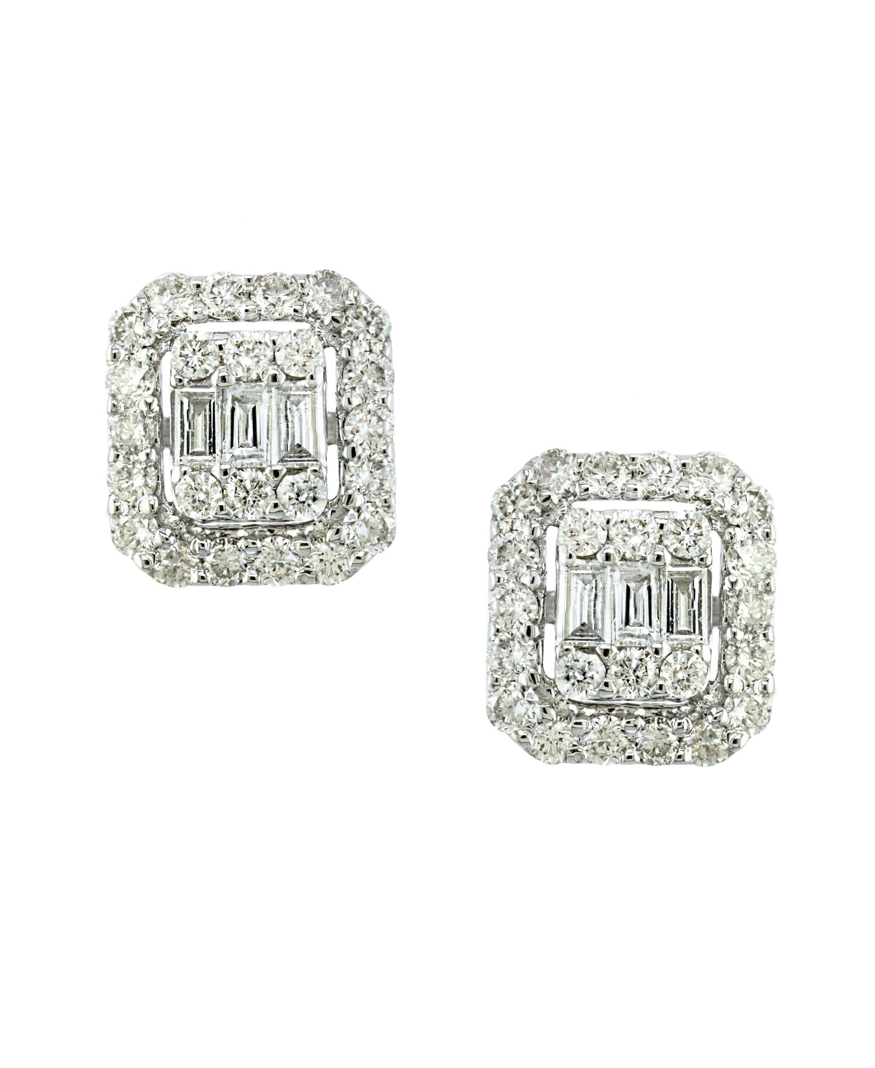 A sweet, shimmery style for any day of the week. These stud earrings clusters of  1.0 ct. t.w. round brilliant-cut diamonds with  Baguettse  Set in 18 kt White gold. Post, diamond floral cluster stud earrings.
It's  a unique and playful option.