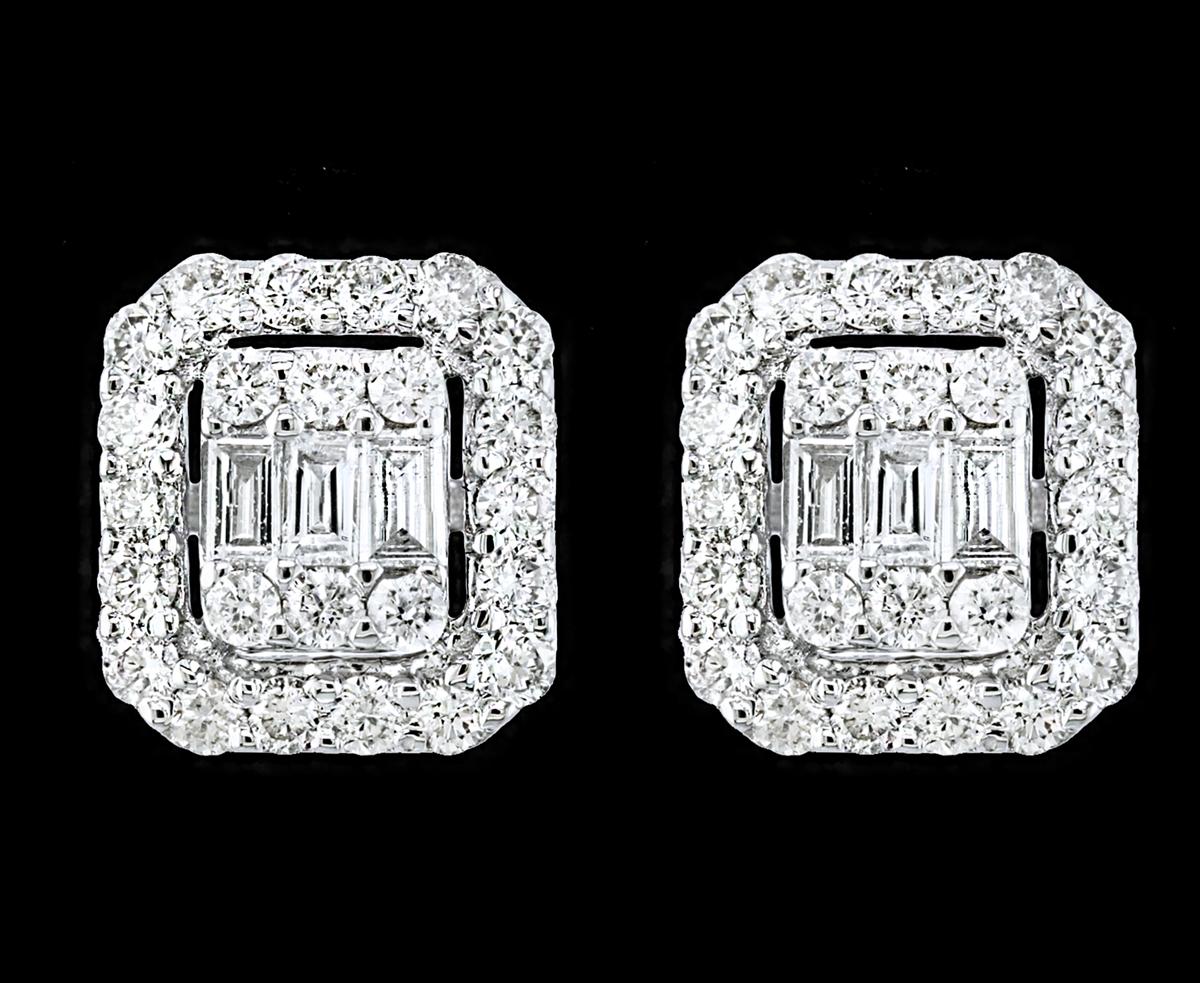 Baguette Cut 1 Carat Diamond Cluster Stud Earrings in 18 Karat White Gold, Round and Baguette
