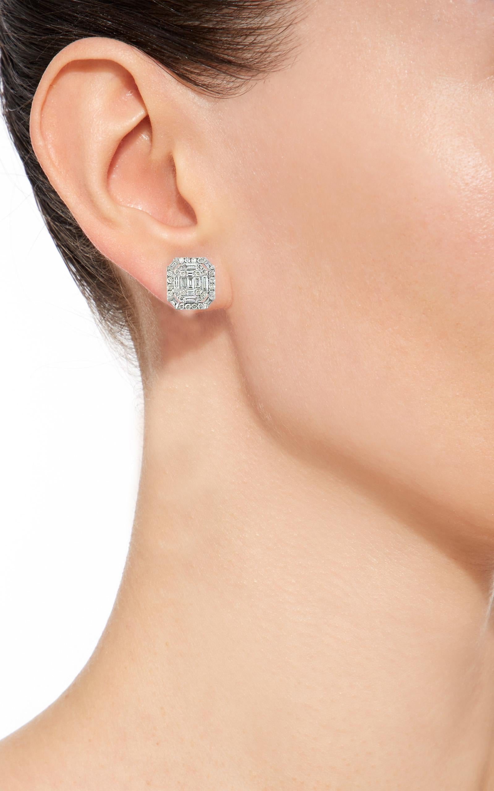Women's 1 Carat Diamond Cluster Stud Earrings in 18 Karat White Gold, Round and Baguette