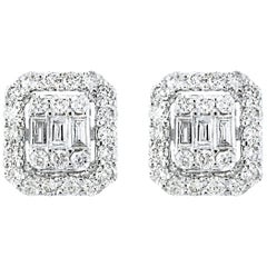 1 Carat Diamond Cluster Stud Earrings in 18 Karat White Gold, Round and Baguette
