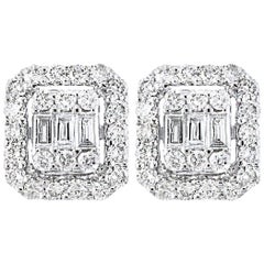 1 Carat Diamond Cluster Stud Earrings in 18 Karat White Gold, Round and Baguette