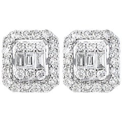 Clous d'oreilles grappe de diamants de 1 carat en or blanc 18 carats, ronds et baguettes