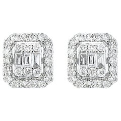 1 Carat Diamond Cluster Stud Earrings in 18 Karat White Gold, Round and Baguette