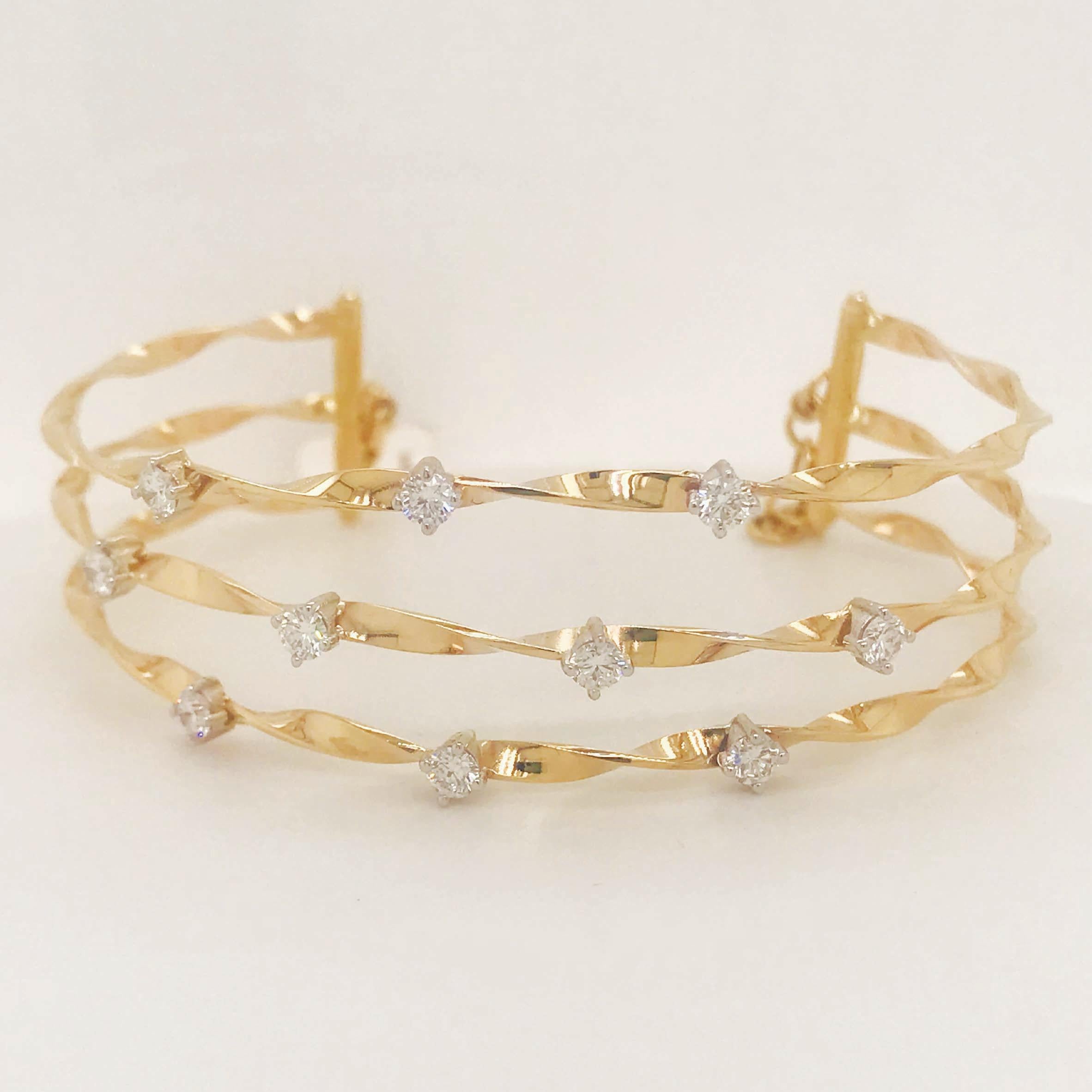 Moderne Bracelet manchette en or jaune 14 carats à 3 rangées de diamants de 1 carat, 1,00 carat en vente