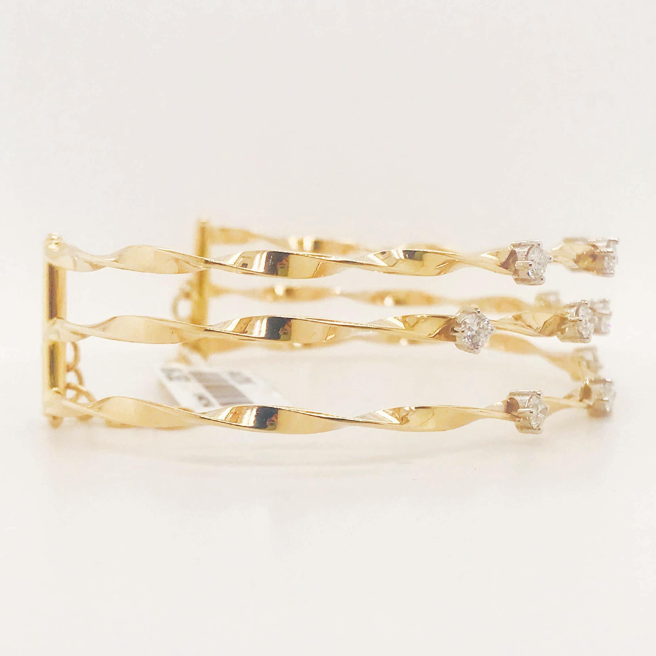 Modern 1 Carat Diamond Cuff Bracelet 14K Yellow Gold 3-Row Twist Diamond Bracelet 1.00 For Sale
