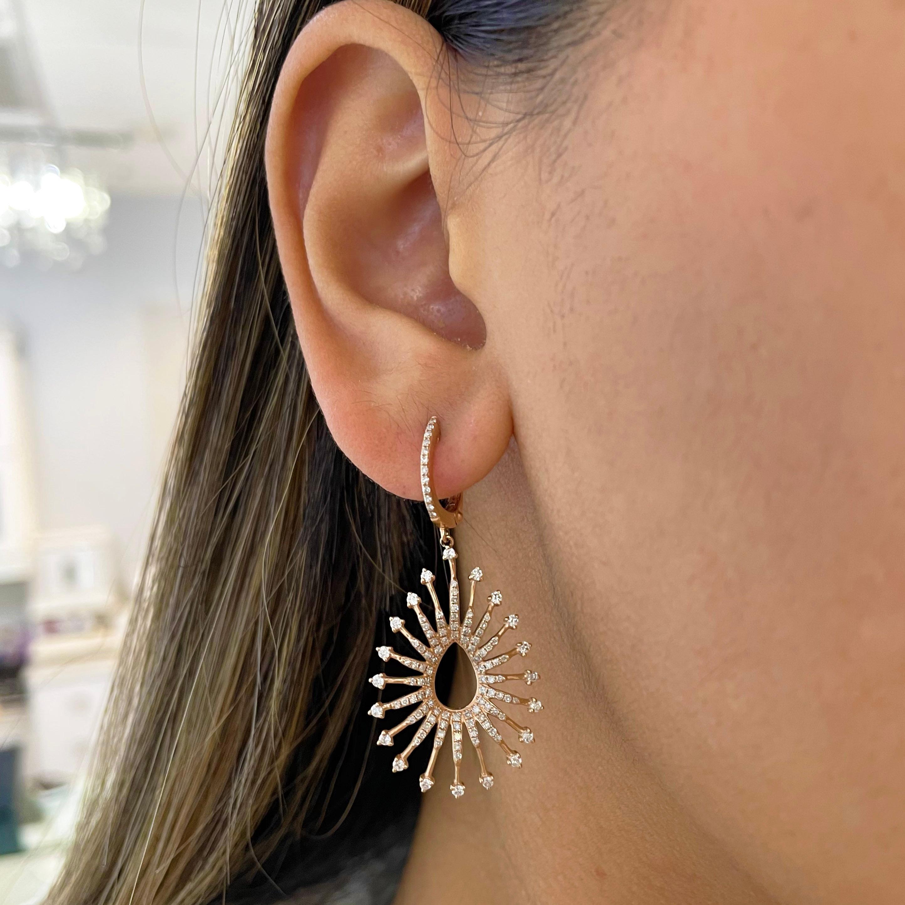 Contemporary 1 Carat Diamond Designer Earrings, 14K Rose Gold, Pear Shaped Diamond Earrings For Sale