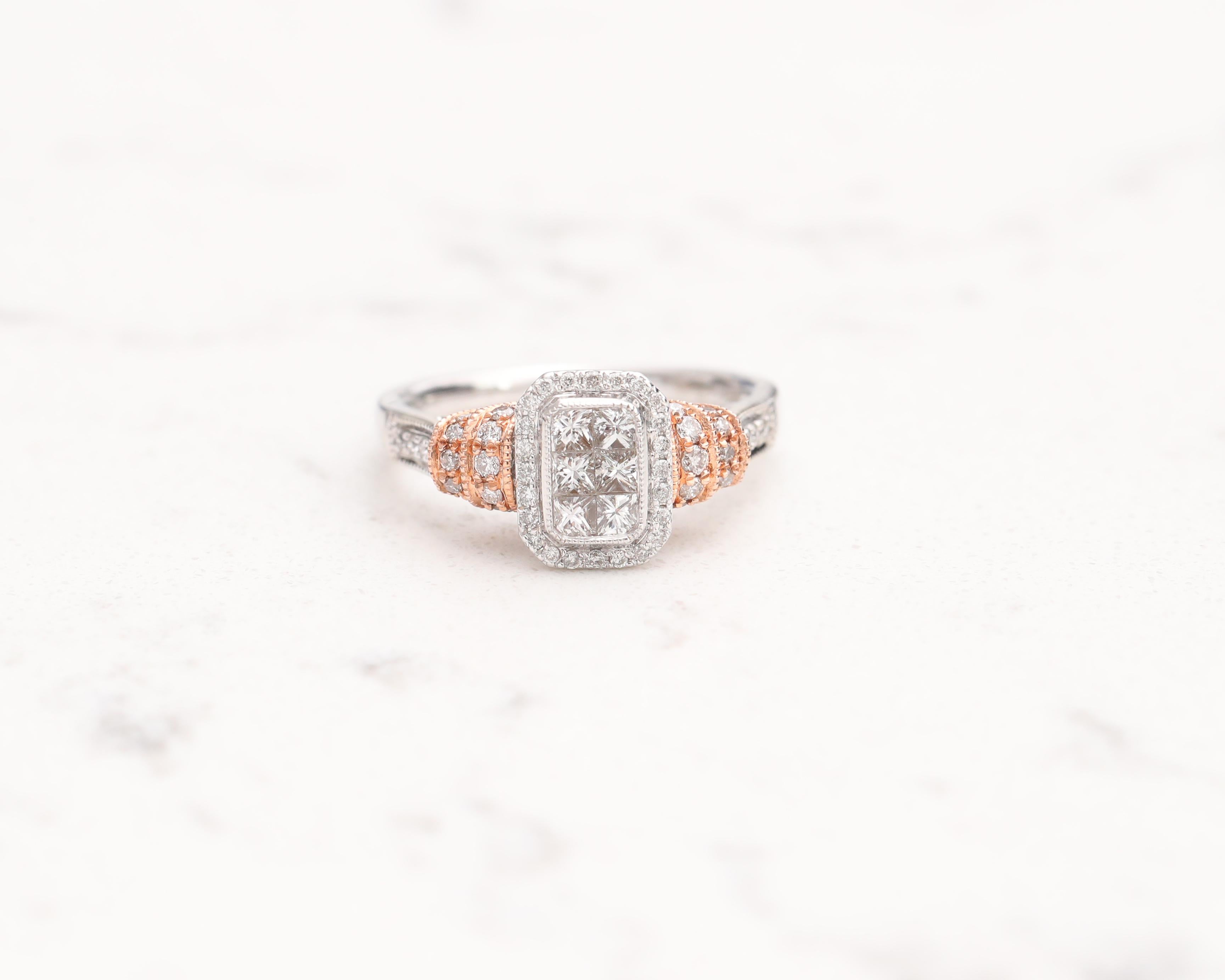 Princess Cut 1 Carat Diamond Engagement Ring 14 Karat Two-Tone White and Rose Gold For Sale